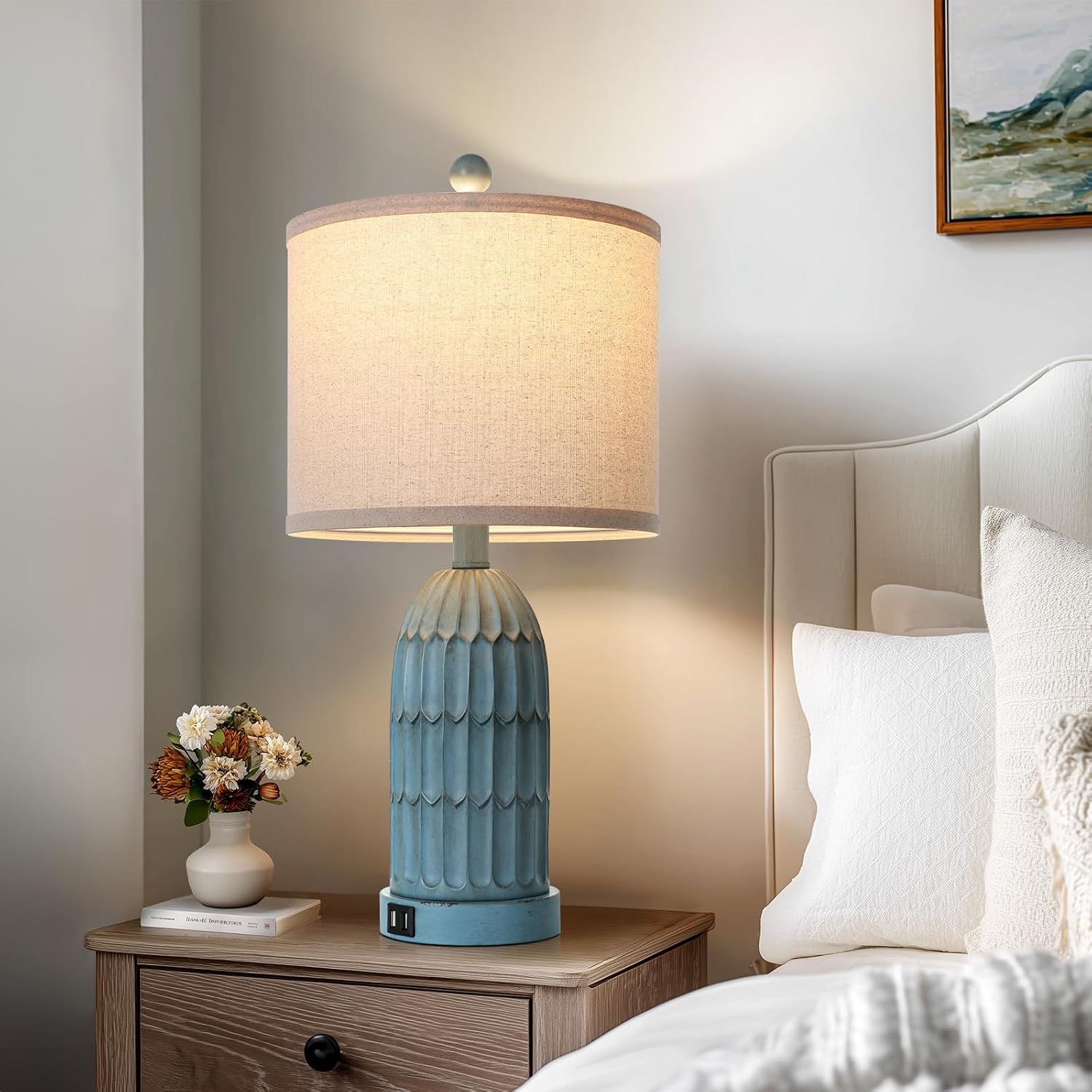 Cinkeda Coastal Table Bedside Lamps Set of 2, Farmhouse 3-Way Dimmable Touch Nightstand Lamp with 2 USB Charging Ports, Vintage Bedside…