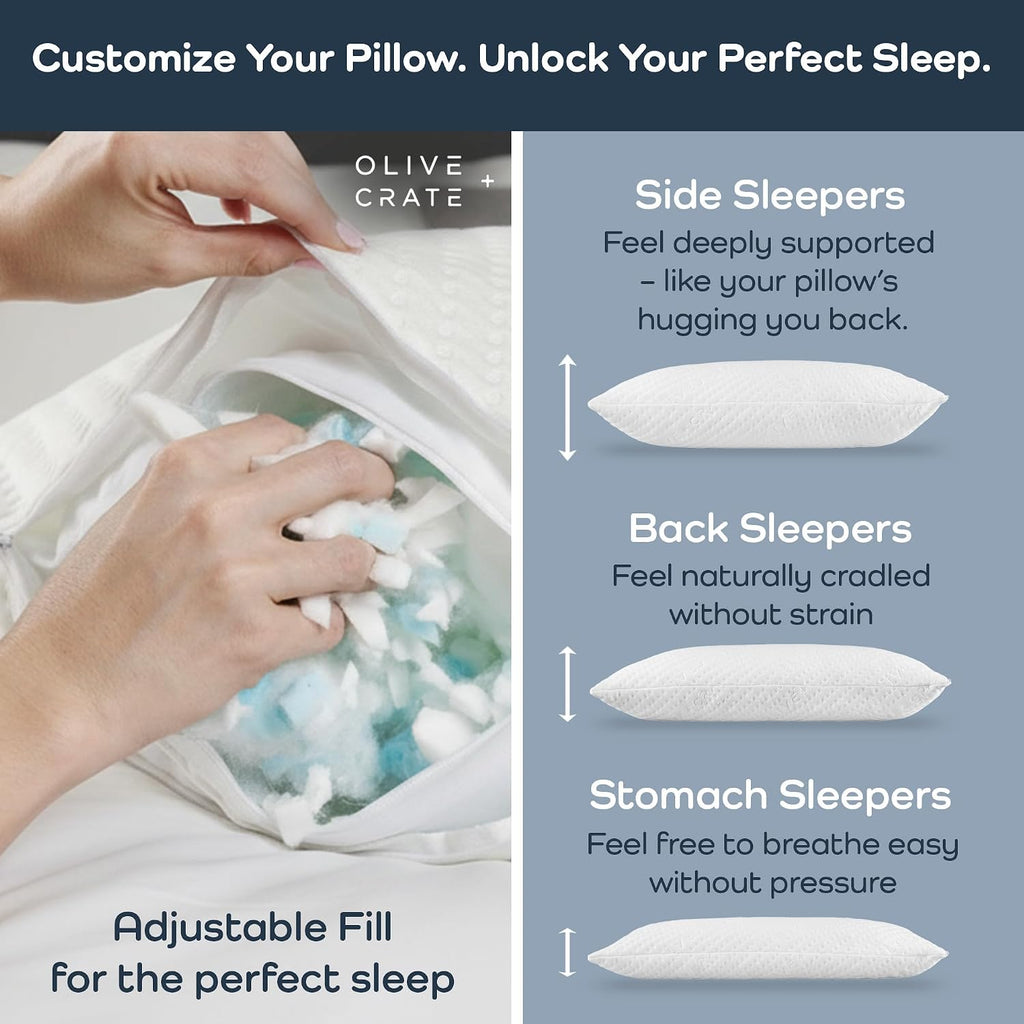OliveCrate Olive + Crate BreathePureTM Adjustable Cooling Shredded Memory Foam Pillow - Breathable Bamboo Viscose Cover for Temperature Cont…