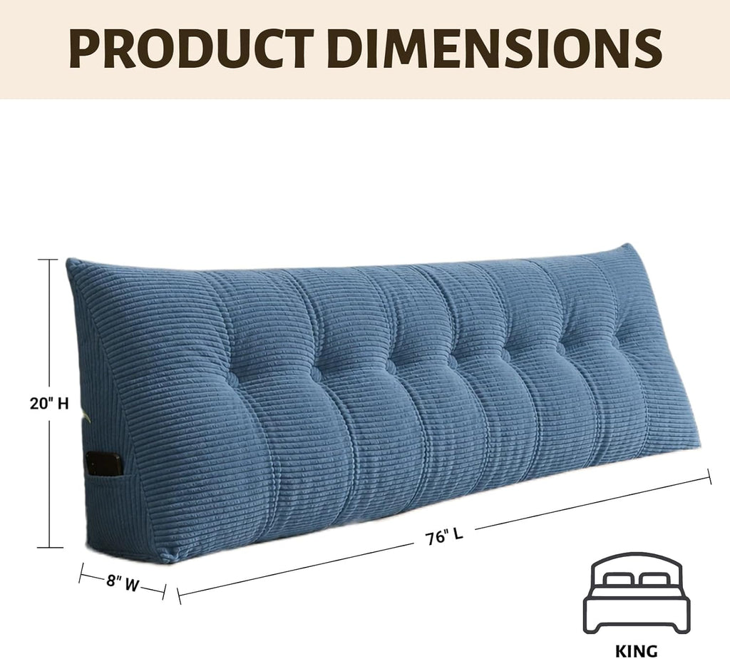 Wedge Reading Pillow Headboard King Size, Headboard Bolster Pillow for Bed, Triangular Backrest Cushion with Removable Corduroy Cover, Blue