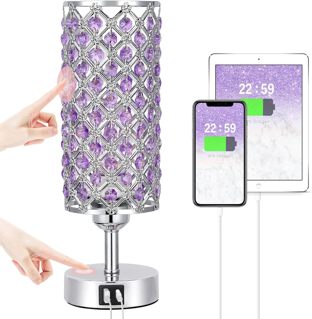Hong-in Purple Lamp for Girls Room-Crystal Touch Lamp with USB-C+A Ports,3 Way Dimmable Bedside Light with Crystal Shade for Bedroom Home…