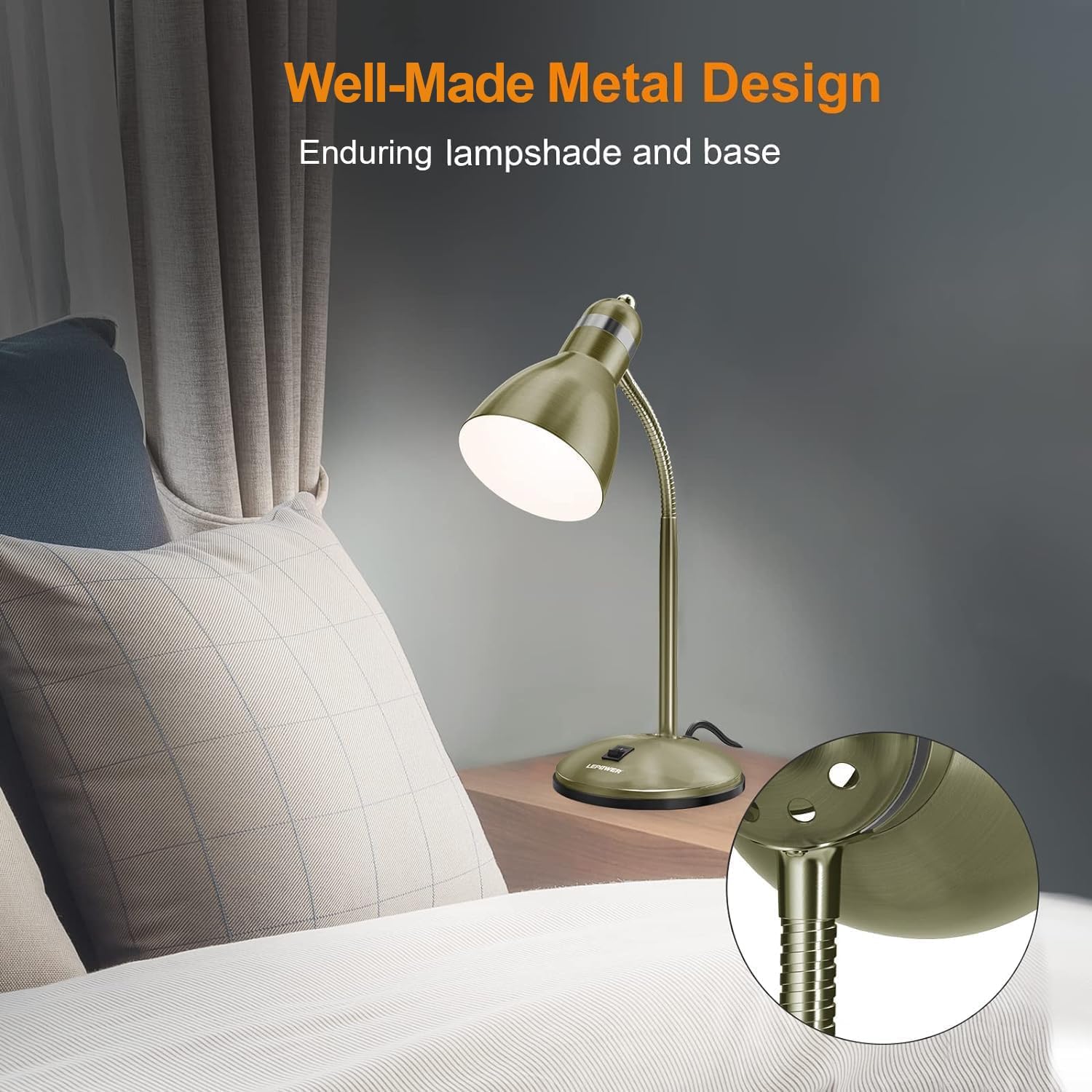 LEPOWER Metal Desk Lamp, Adjustable Goose Neck Table Lamp, Eye-Caring Study Desk Lamps for Bedroom, Study Room and Office (Bronze)