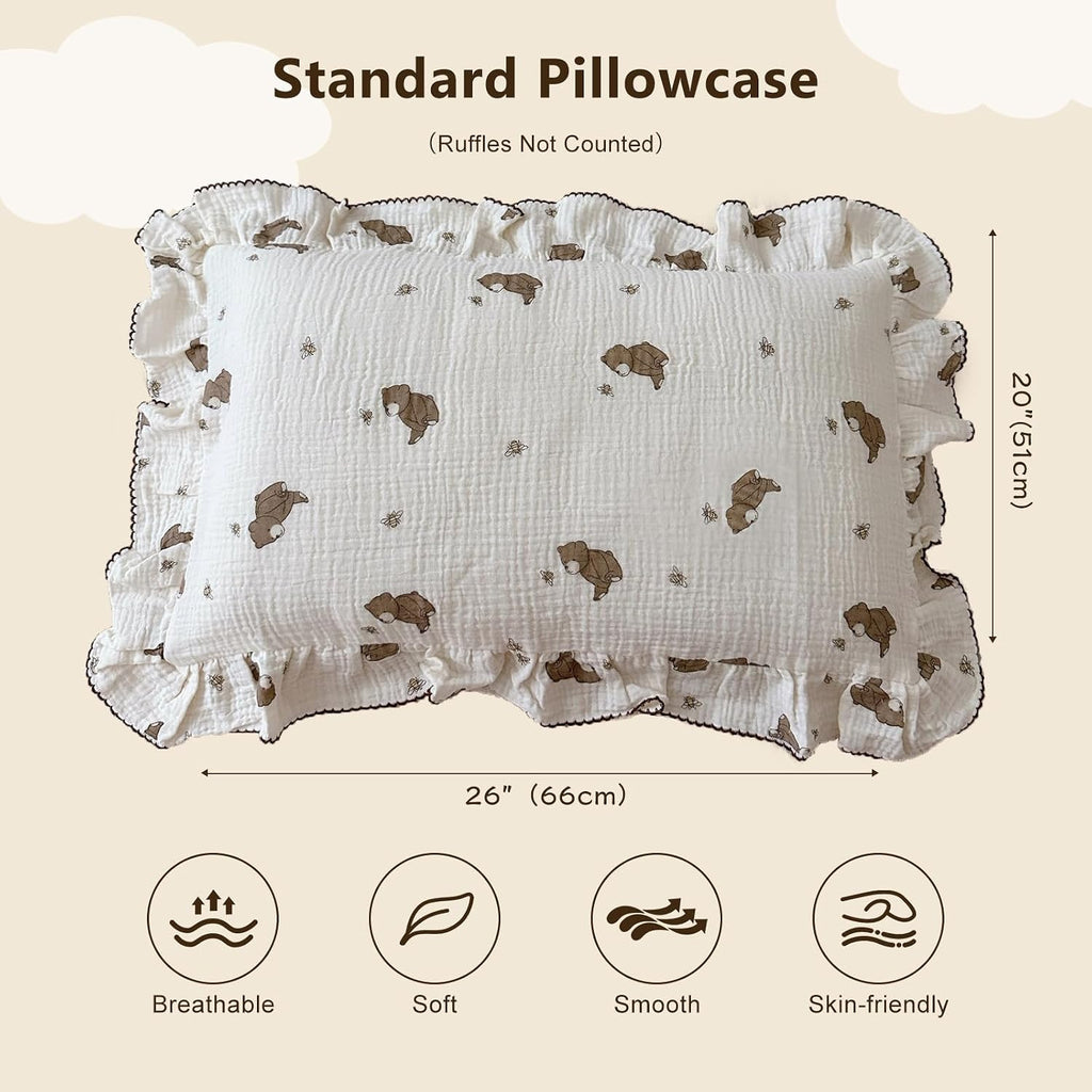 BuLuTu Cartoon Bear Muslin Pillowcase for Boys Girls Cute Animal Print Toddler Pillow Cases Soft Breathable Cotton Pillow Cover for Young…
