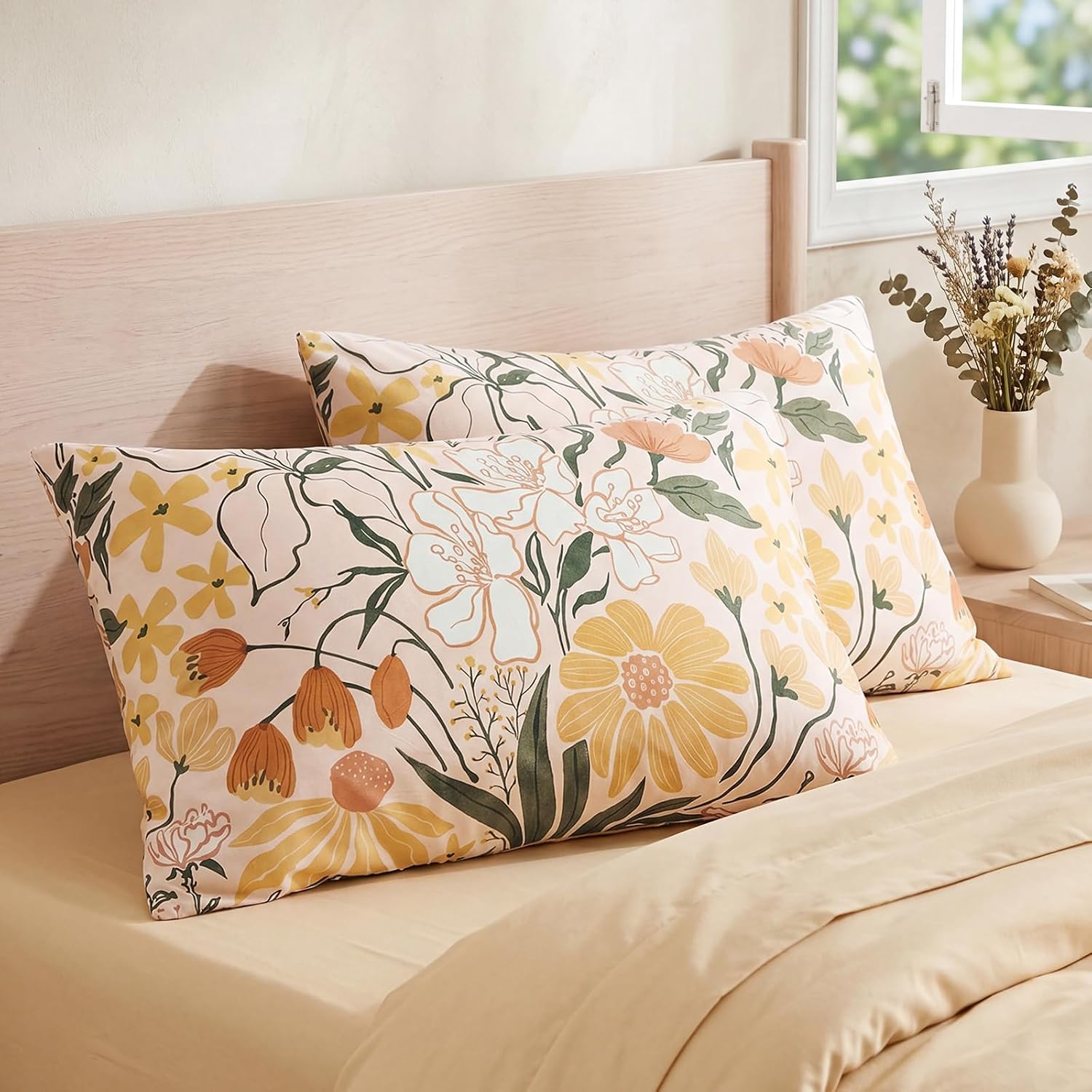 Bedorm 100% Cotton Pillowcases Set of 2 King Size Pillow Cover Yellow Floral Botanical Pillow Cases Soft & Breathable Pillowcases with Pock…
