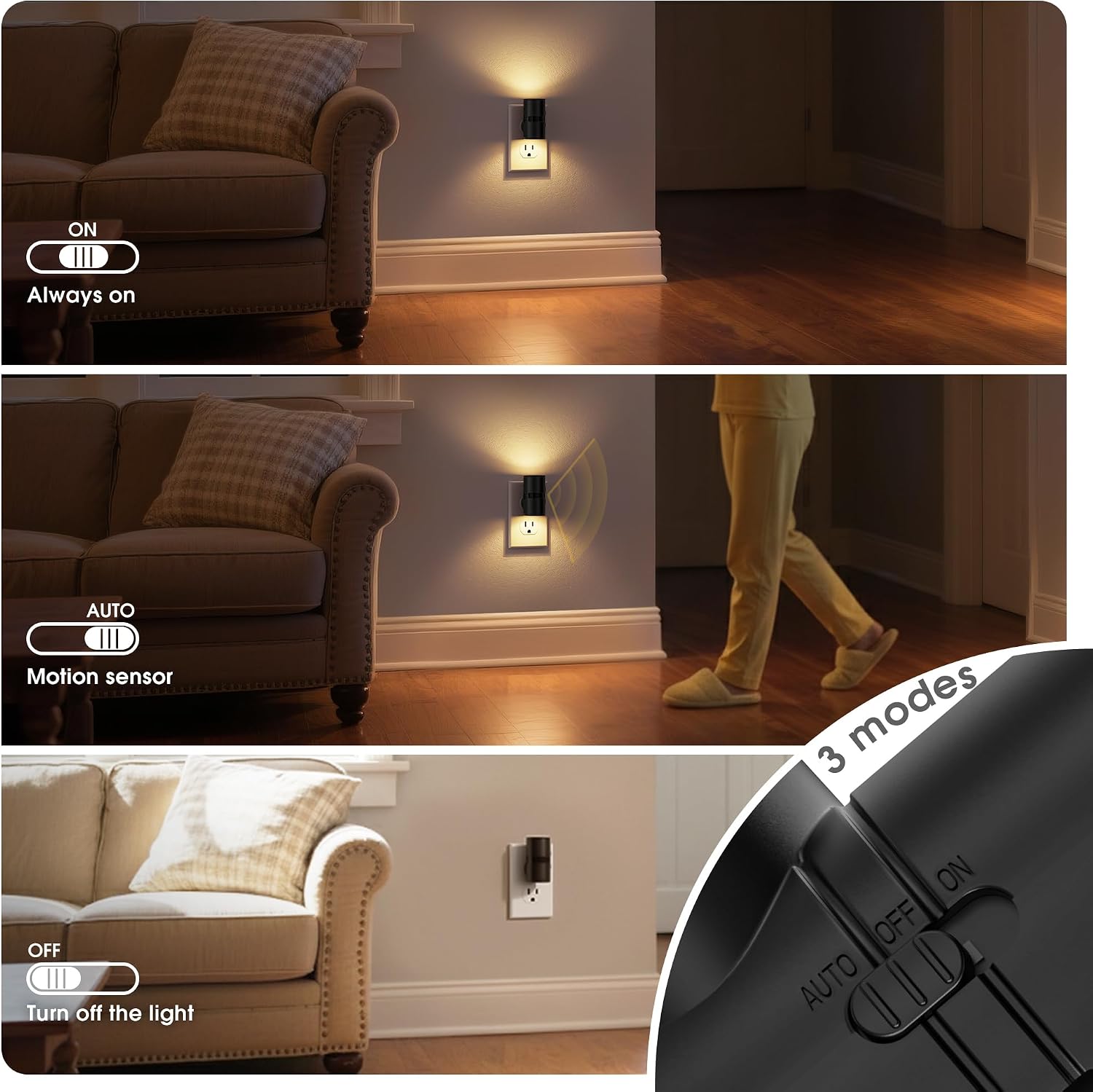 JandCase Motion Night Light, Rotating Night Lights Plug into Wall, 3 Colors 3000K-5000K-Amber, Dusk to Dawn & Motion Sensor, 3 Level…