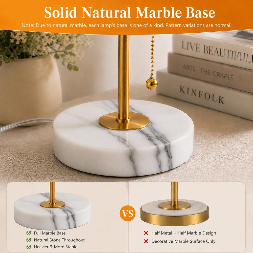 JUNNAI Table Lamps Set of 2, Gold Bedside Lamps, 3 Way Dimmable Nightstand Lamps with Marble Base & Linen Shade &Pull Chain,18.5 Inches…