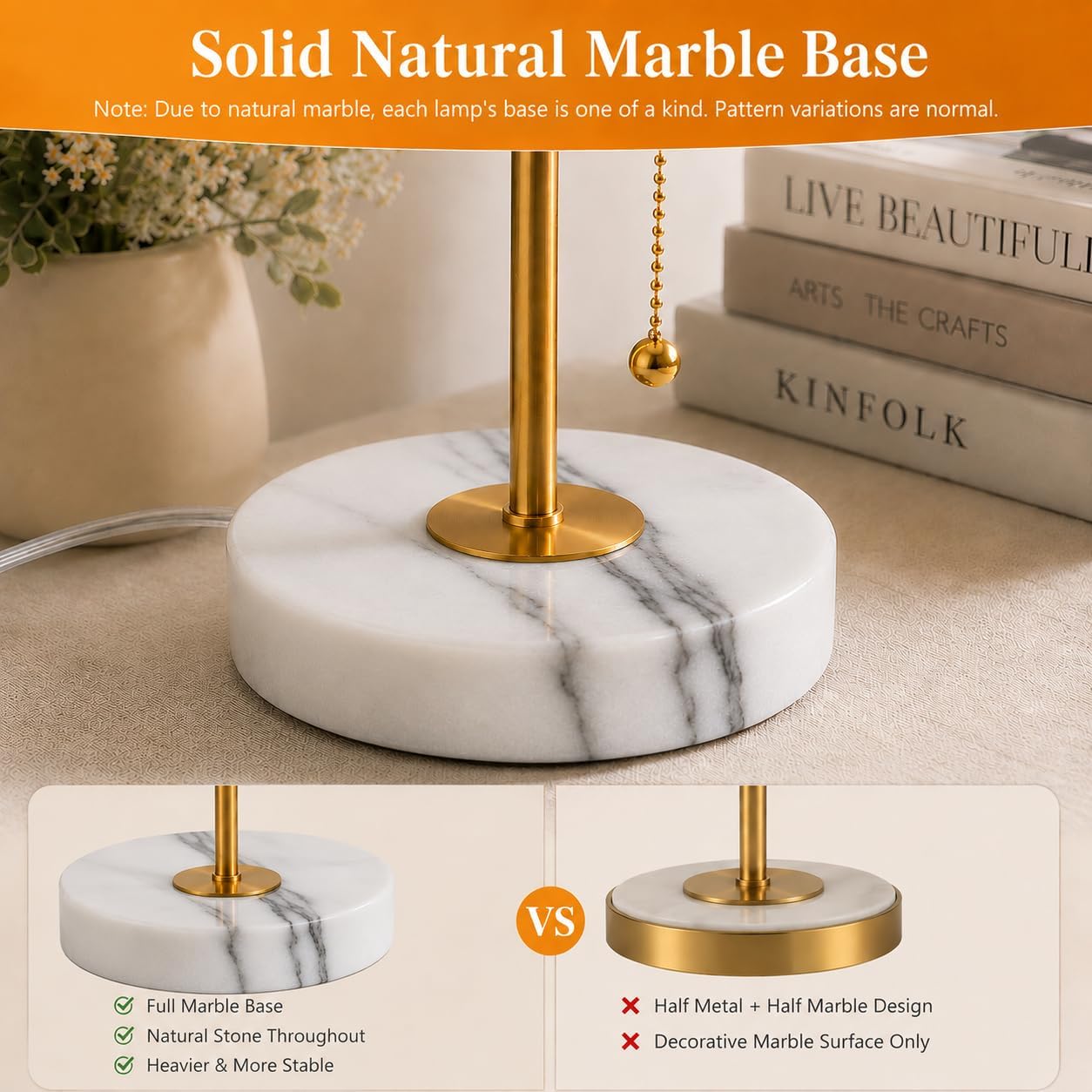 JUNNAI Table Lamps Set of 2, Gold Bedside Lamps, 3 Way Dimmable Nightstand Lamps with Marble Base & Linen Shade &Pull Chain,18.5 Inches…