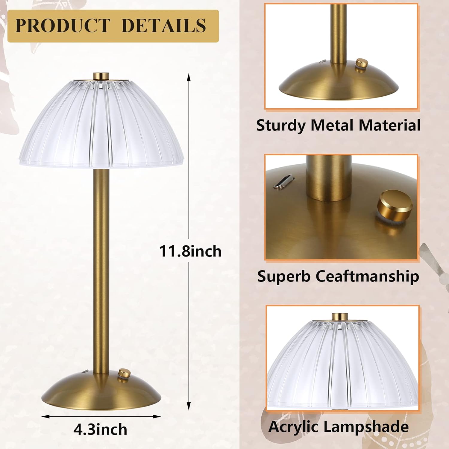 Liliful 4 Pcs Cordless Table Lamp Rechargeable Touch LED Small Gold Portable Battery Operated USB-c Desk Lamp 3 Color Dimmable for…