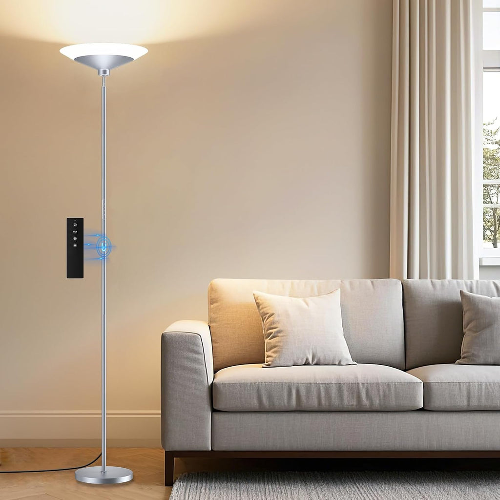 SIBRILLE Silver Torchiere Floor Lamp - 30W Dimmable LED Standing Lamp with Remote/Button Control, 1800Lm, 3000-6500K, 72in Bright…