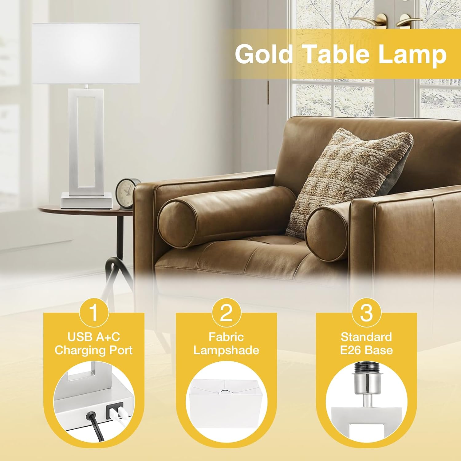 Seealle 22" Tall Bedroom Lamps for Living Room - Touch Brushed Nickel Bedside Lamps with USB C+A, 3 Way Dimmable Lamp for Nightstand…