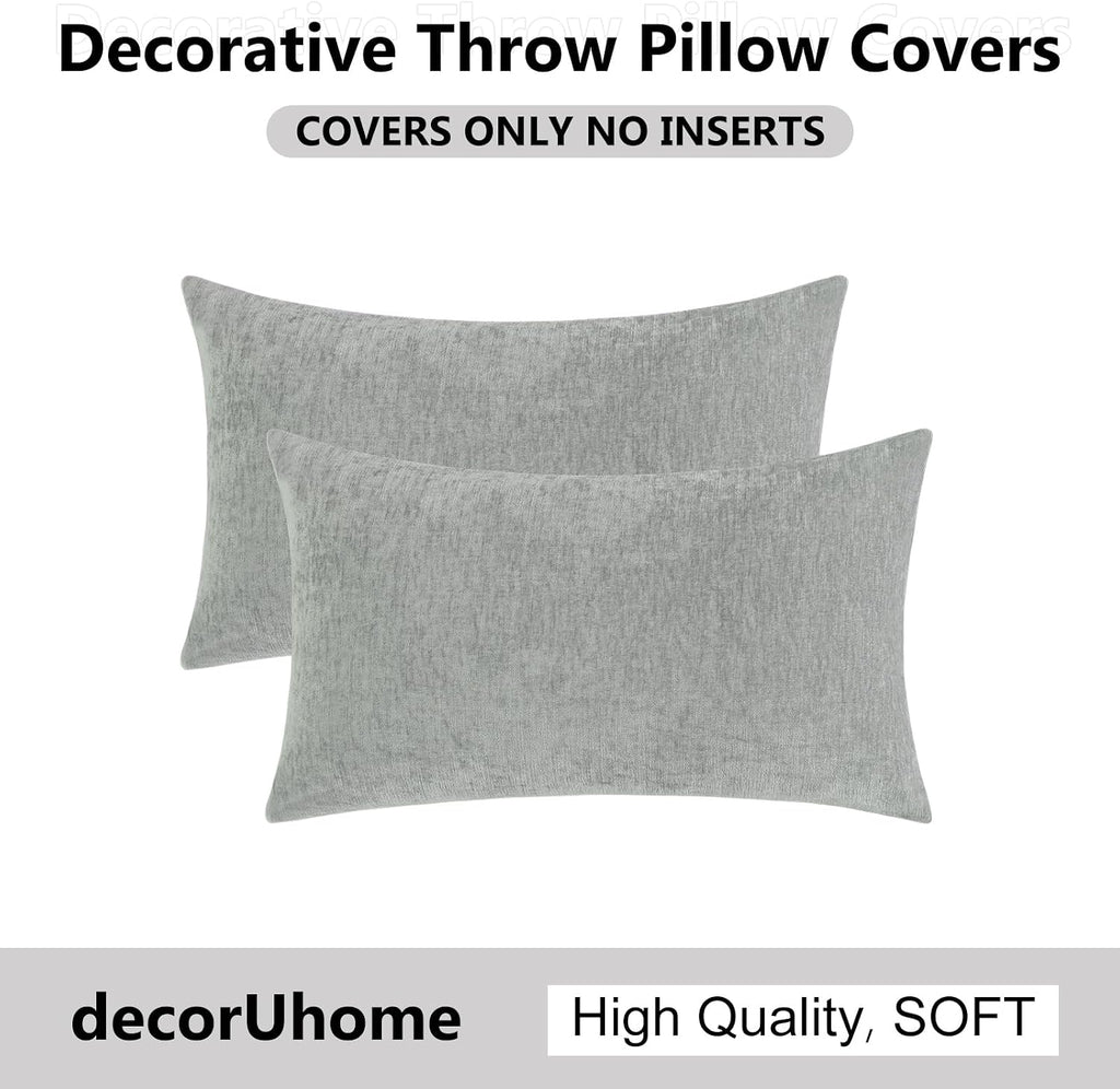 decorUhome Chenille Grey Throw Pillow Covers 12x20 Inch Set of 2, Decorative Soft Couch Pillow Covers Solid Dyed Accent Farmhouse Neutral R…