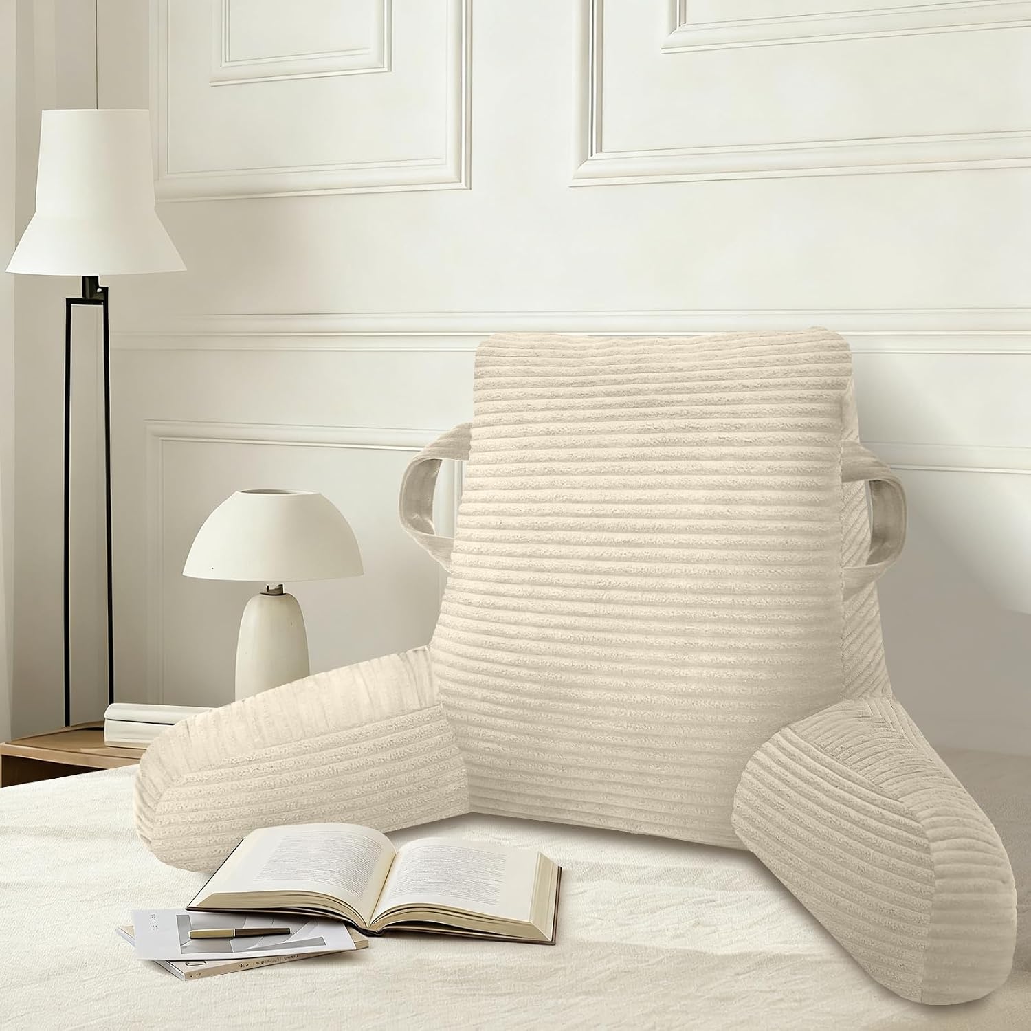 Reading Pillow for Sitting in Bed Adult, Bed Reading Pillow with Shredded Memory Foam, Back Pillow for Sitting with Arms and Pockets, Beige