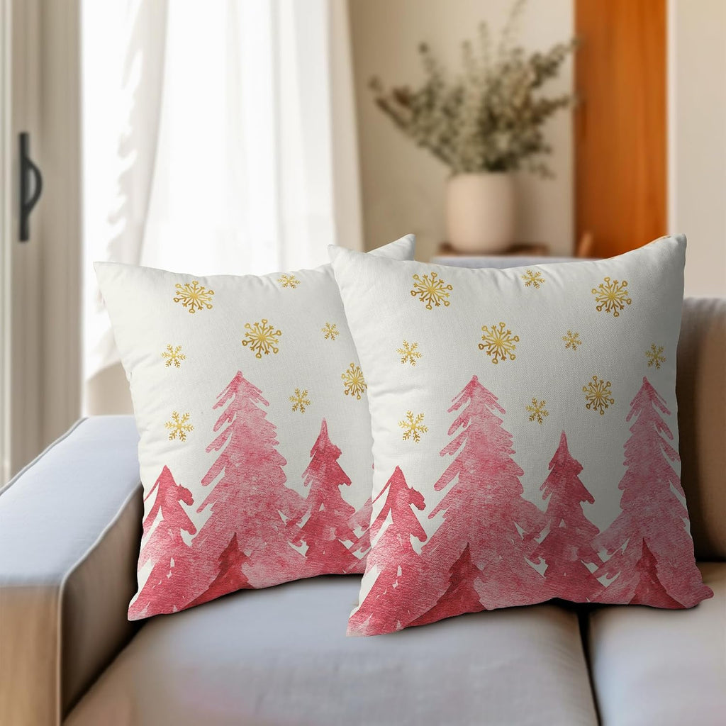Christmas Tree Throw Pillow 18x18 Inch Set of 2 Cover Winter Christmas Pillowcase Pink Trees Golden Snowflake Decorative Cushion Cover…