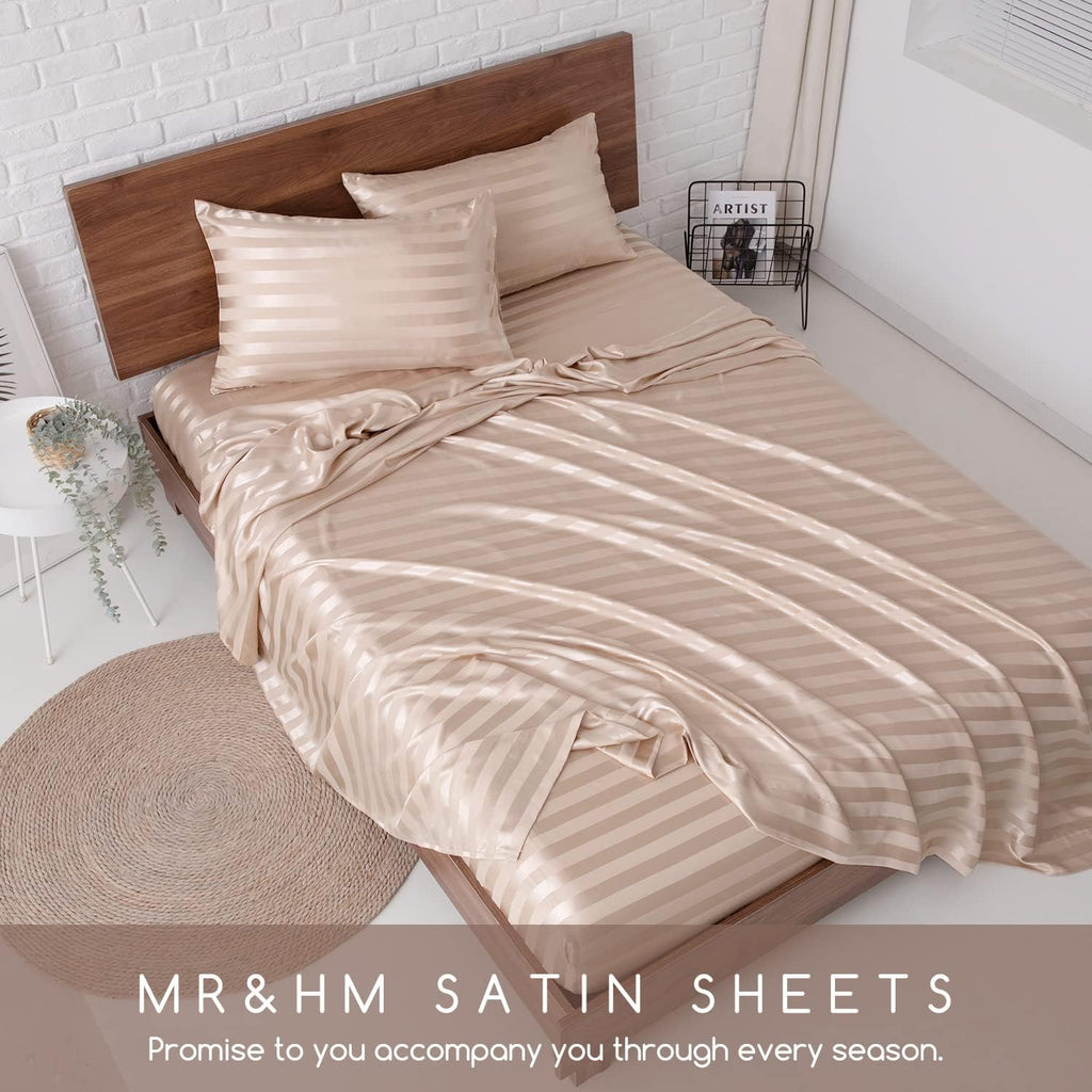 MR&HM Satin Bed Sheets, Full Size Sheets Set, 4 Pcs Silky Bedding Set with 15 Inches Deep Pocket for Mattress (Full, Champagne Striped…