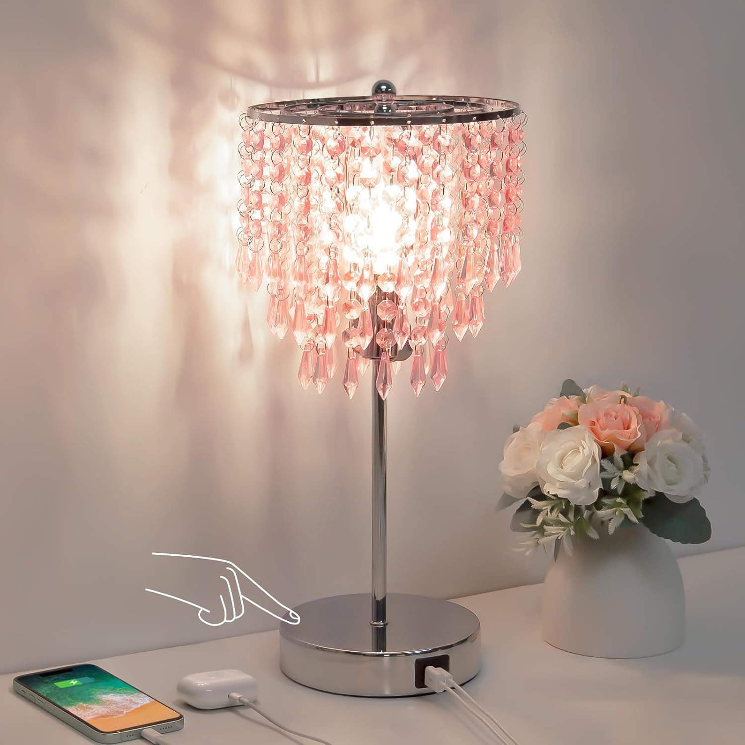 Crystal Touch Control Table Lamp with Dual USB Charging Ports, 3 Way Dimmable Bedside Lamp with Pink Shade, Decorative Nightstand Lamp…