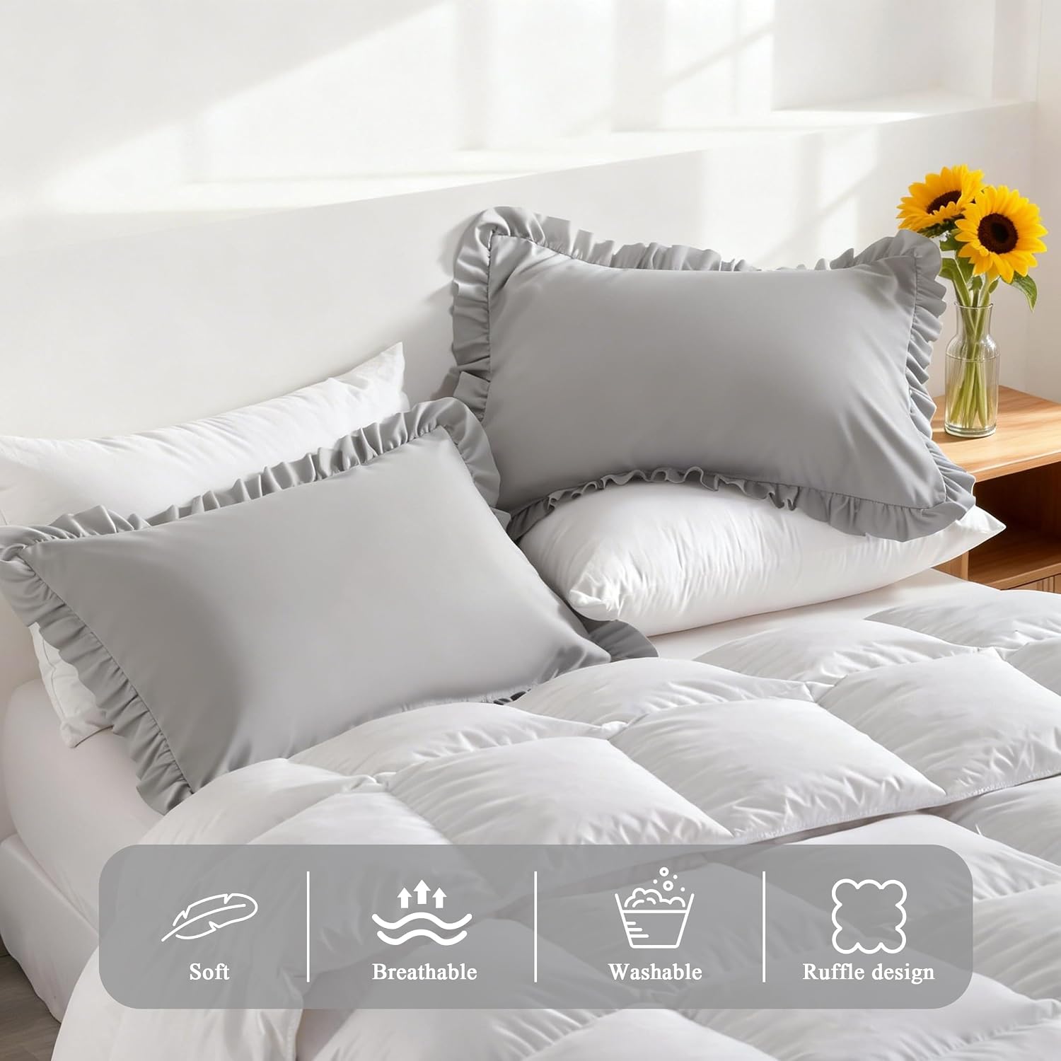 Aerlomi Ruffled Pillowcases, Standard Pillow Shams 20x26 Set of 2, Brushed Microfiber with Envelope Closure, Soft Wrinkle-Resistant,…