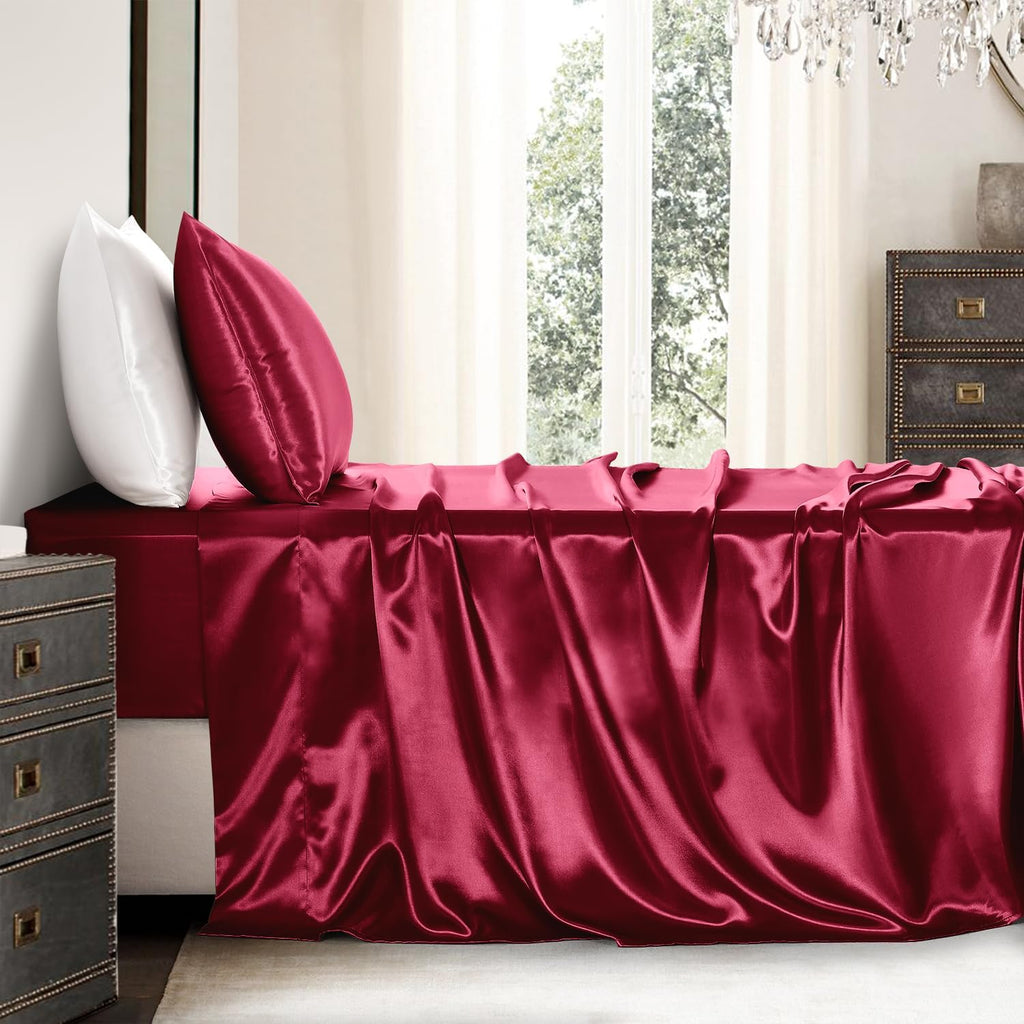 Golal Satin Sheets Twin Size - 3 Pieces Luxury Silky Soft Bed Sheets for Kids, Wrinkle-Free Burgundy Satin Silk Sheet Set with 1 Deep Pocke…