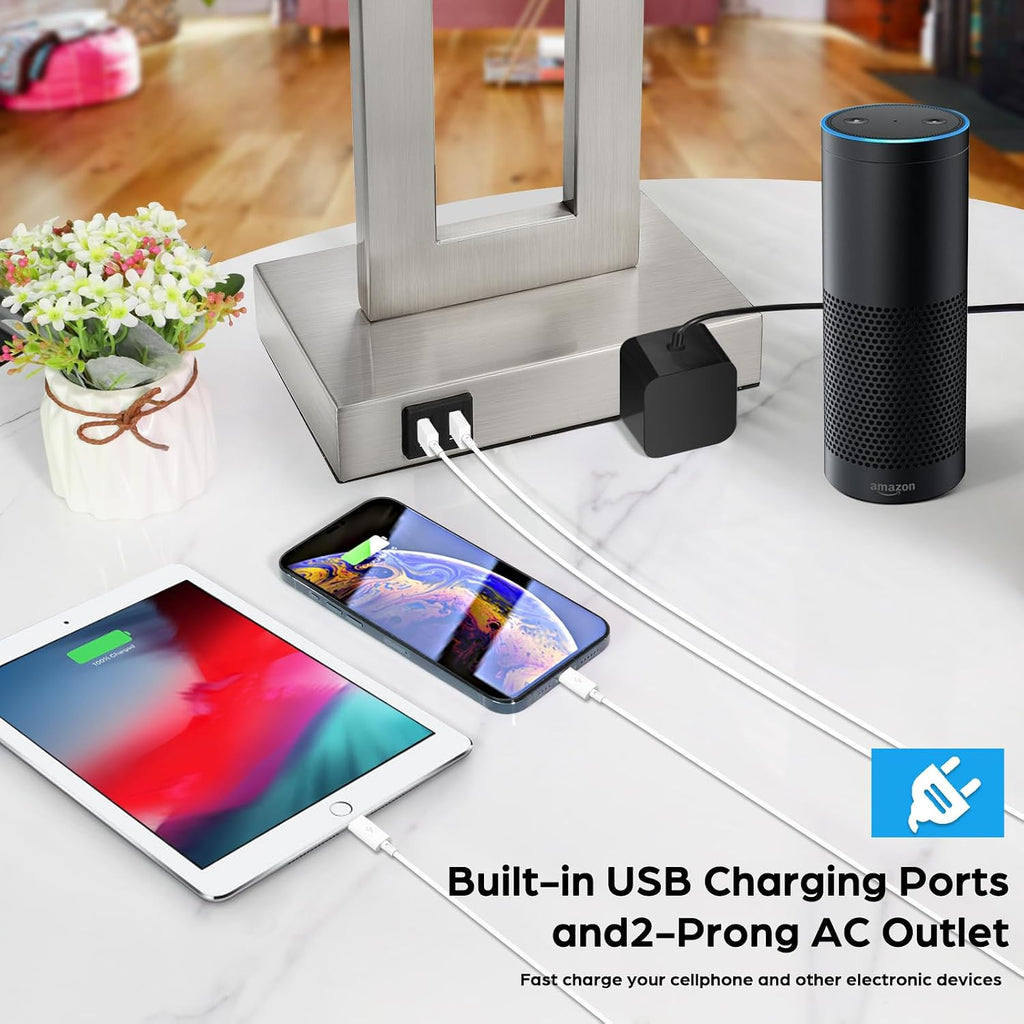 Tobusa Modern Silver Table Lamps Set of 2, 28inch Tall Lamps for Living Room Bedroom with 2 USB Ports&AC Outlet, 3 Way Dimmable Touch Contr…