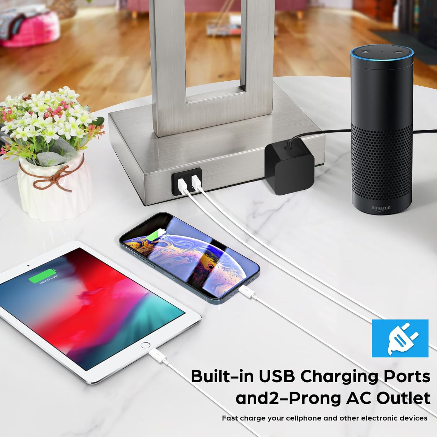 Tobusa Modern Silver Table Lamps Set of 2, 28inch Tall Lamps for Living Room Bedroom with 2 USB Ports&AC Outlet, 3 Way Dimmable Touch Contr…