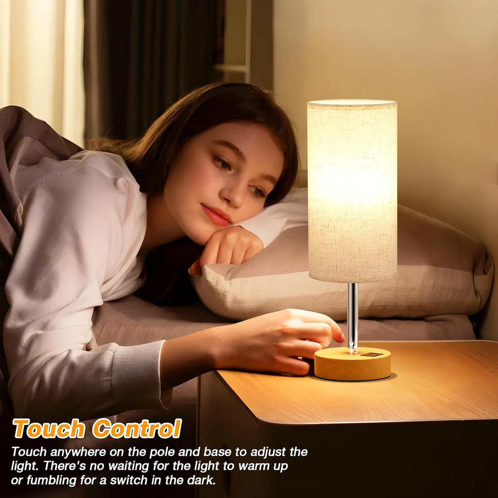 Dicoool Touch Bedside Table Lamp with USB - 3 Way Dimmable Wood Lamp for Bedroom Nightstand, Desk Lamp with Charging Station for Dorm…