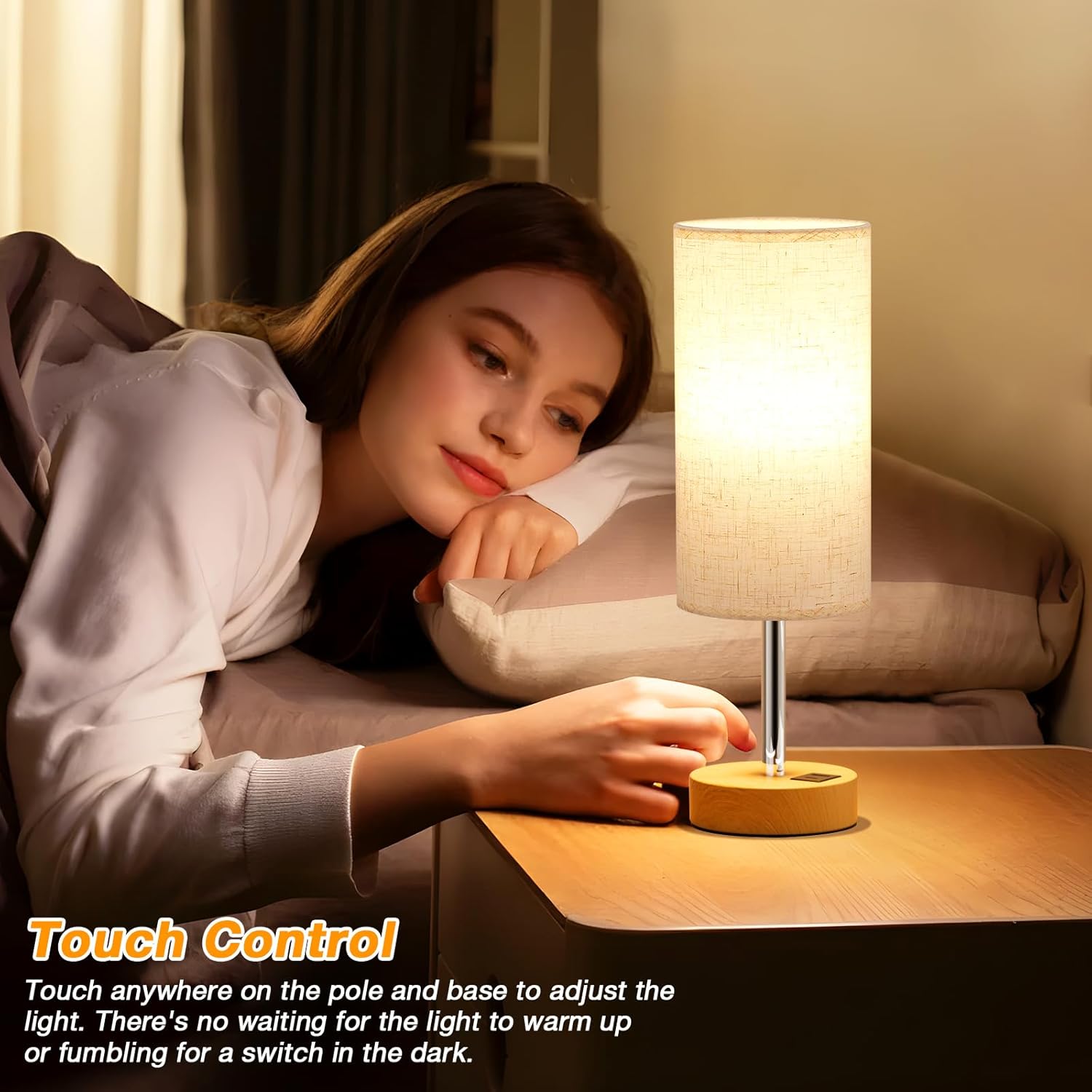 Touch Bedside Lamps Set of 2 - 3 Way Dimmable Table Lamps for Bedroom, Nightstand Lamp with Wooden Charging Station for Kids Room Dorm…