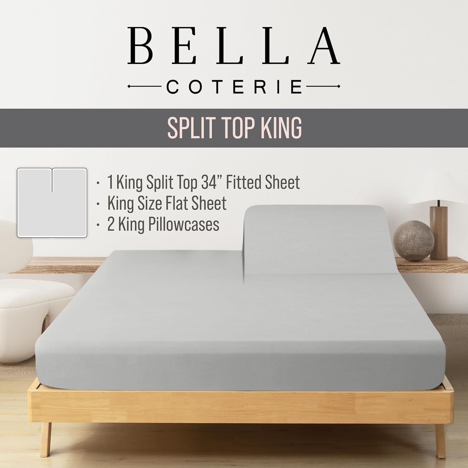 Bella Coterie Luxury Bamboo Viscose 34” Split Top King Size Sheet Set | 1 Fitted Sheet for Sleep Number & Adjustable Beds | 100%…