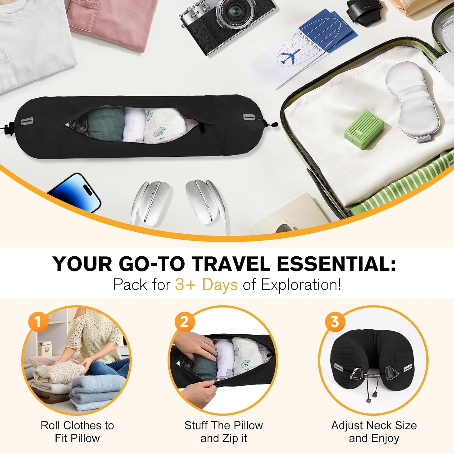 DreamShore Travel Pillow for Extra Luggage:Stuffable Neck Pillow with Adjustable Neck Size|Fits 3+ Days of Travel…