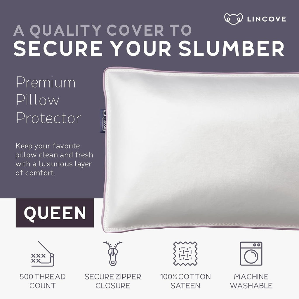 Lincove 100% Cotton Sateen Pillow Protector Cover - Zipper Pillow Cover - 500 Thread Count Luxury Cotton - Zippered Dust Pillow…