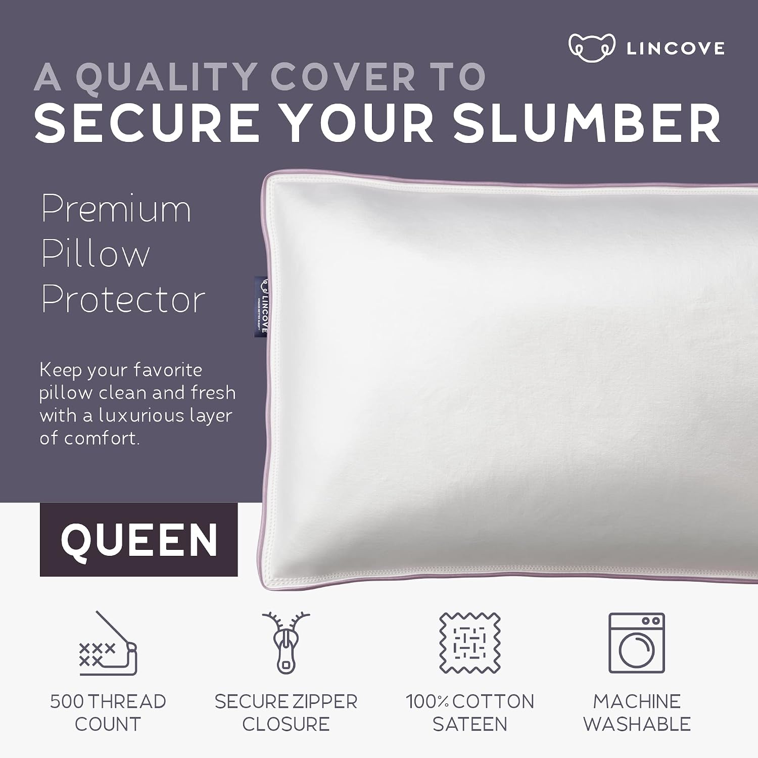Lincove 100% Cotton Sateen Pillow Protector Cover - Zipper Pillow Cover - 500 Thread Count Luxury Cotton - Zippered Dust Pillow…