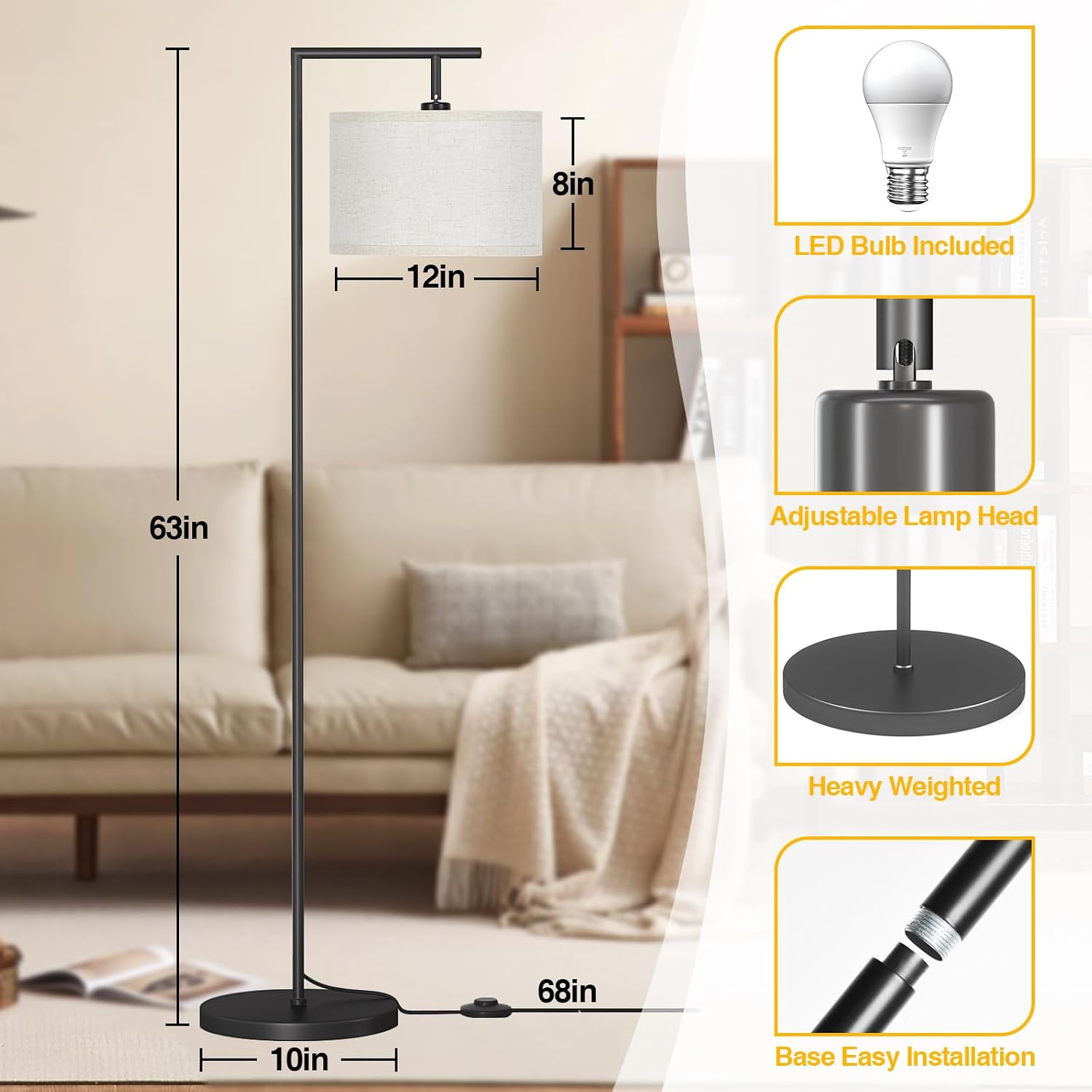 Floor Lamp for Living Room with 3 Color Temperatures Standing Lamp with Adjustable Beige Linen Lampshade Tall Lamps for Bedroom Office…