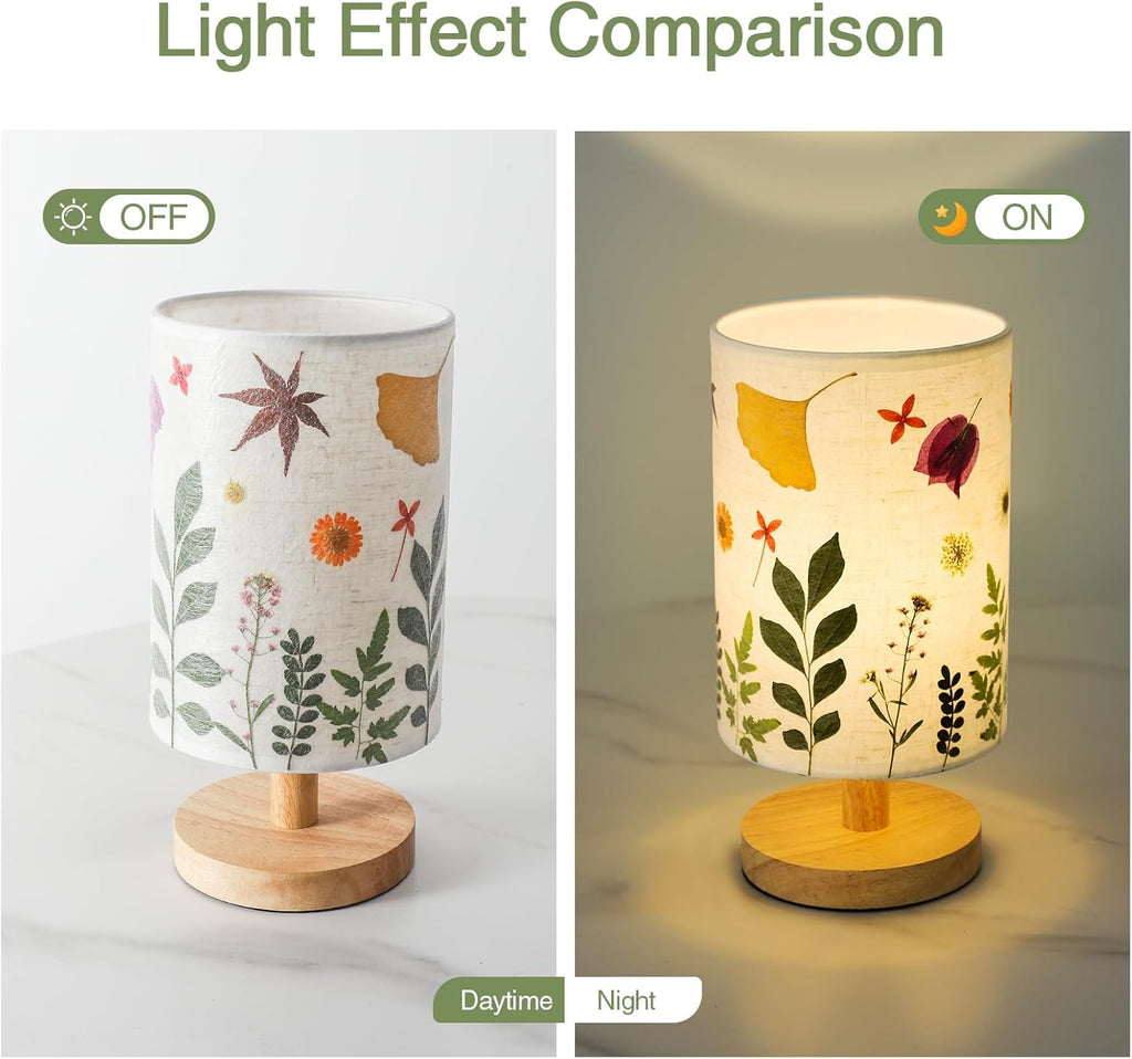 Pressed Flowers Table Lamp 5W LED 3Color Temperatures Dried Flower Bedside Lamp Linen Shade with Wood Base for Bedroom Living Room Desk…