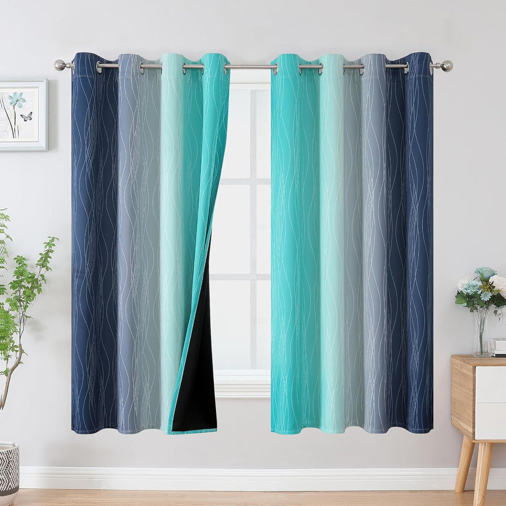 Estelartextiler Estelar Textiler Navy Blue and Teal Blackout Curtains 63 Inch Length 2 Panels Set, Full Room Darkening Grommet Ombre Curtai…