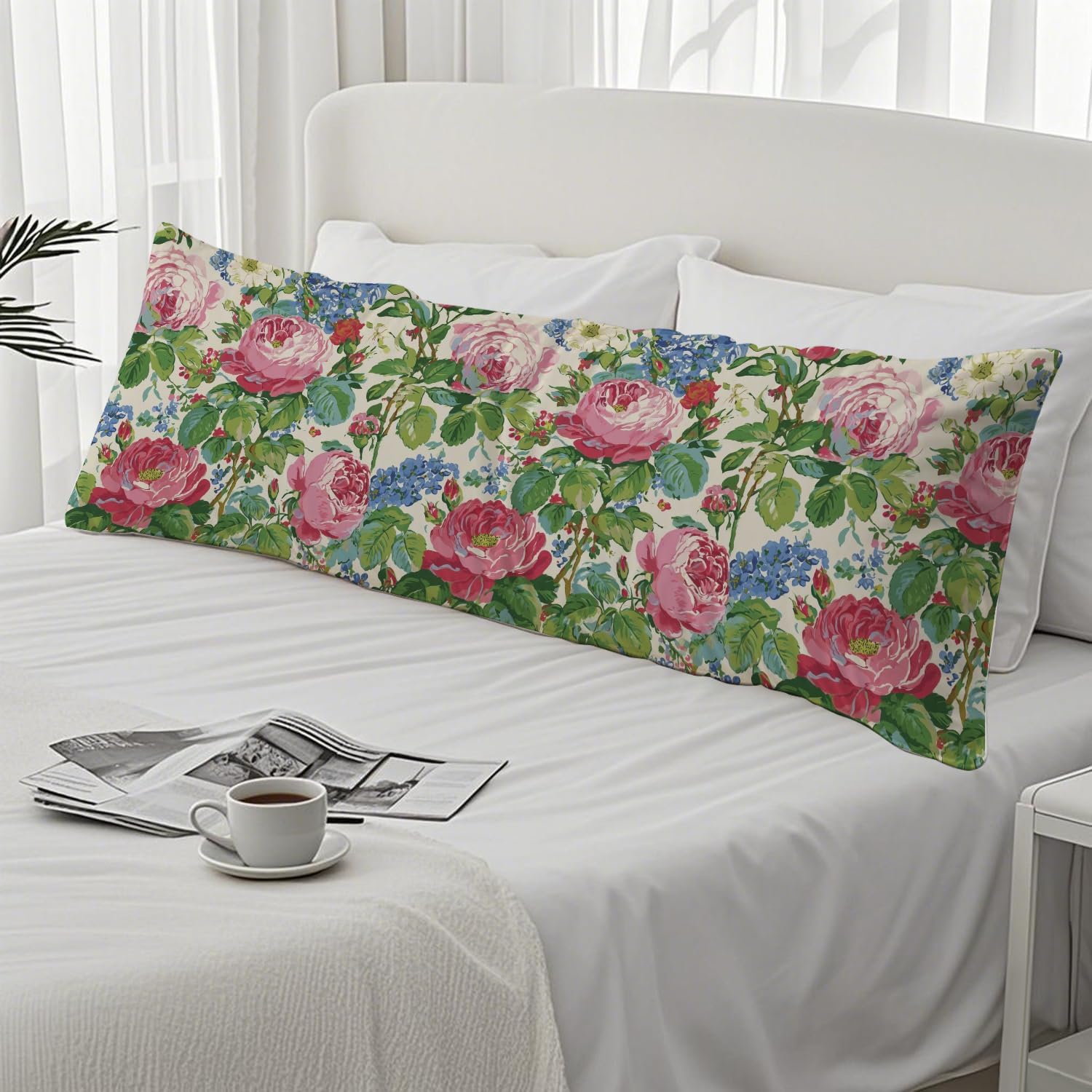 Vintage Rose Floral 20x54 Body Pillow Cover, French Country Blooming Garden Rose Flower Decorative Long Body Pillow Cases for Bed Couch
