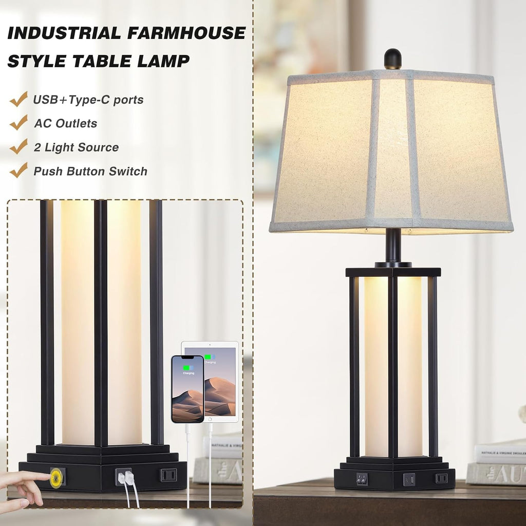 Cinkeda 27" Tall Vintage Table Lamp Set of 2 with USB C+A & Outlet, Black Industrial End Table Lamp for Living Room, Farmhouse Rustic…