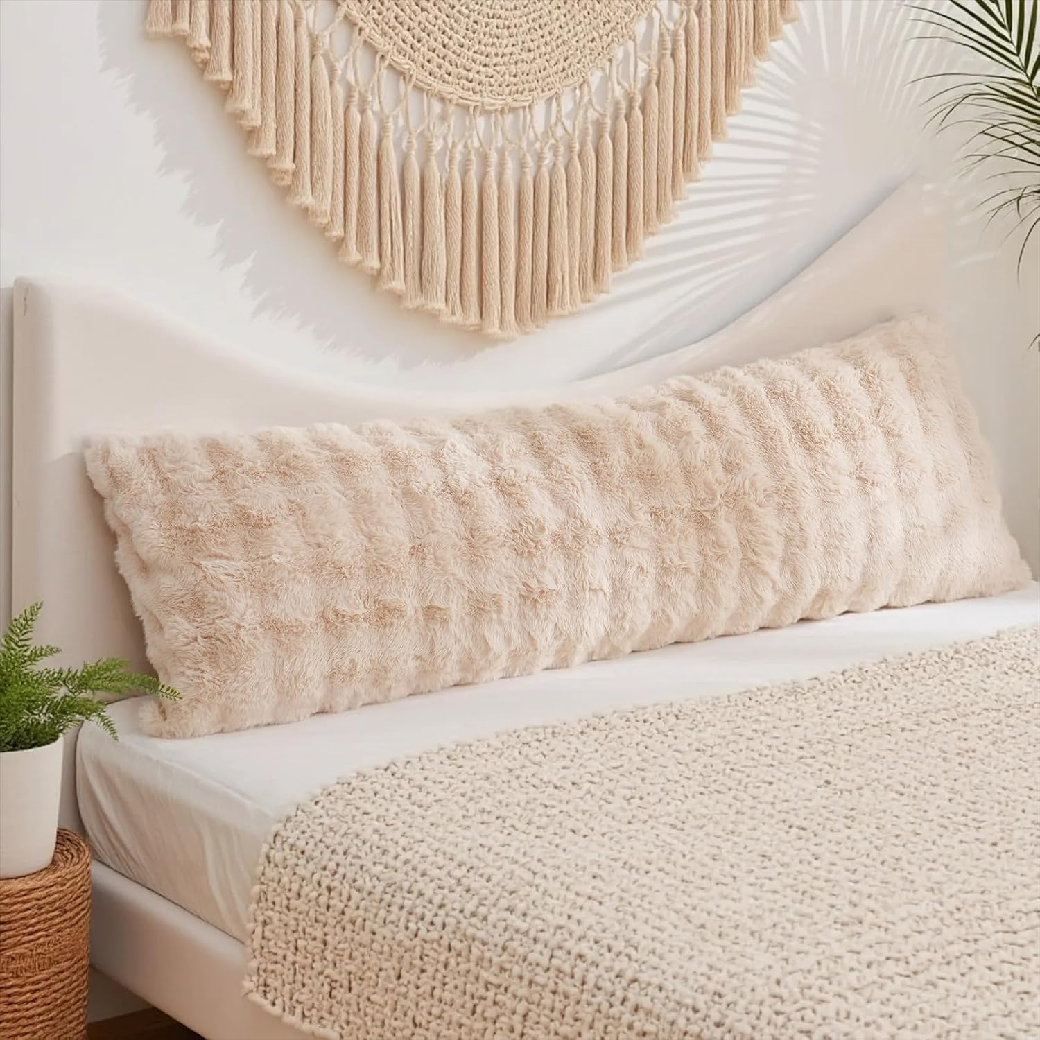 Chumerry Khaki Faux Fur Body Pillowcase Ultra Soft Fluffy Shabby Plush Pillow Cover for Bed Couch Sofa Striped Plaid Decorative Beige Mocha…