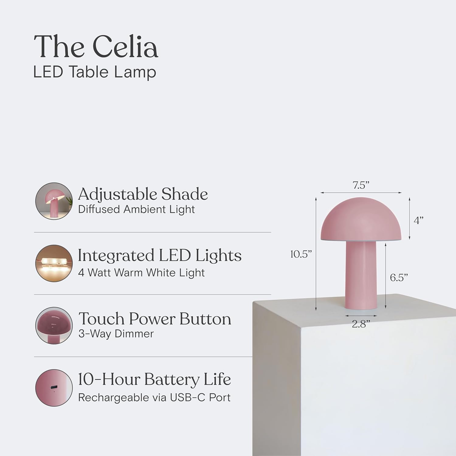 Brightech Celia Mood Lamp – 10" Touch-Controlled Mushroom Table Lamp, Cordless & Dimmable LED, Portable & Rechargeable Bedside Night Light,…