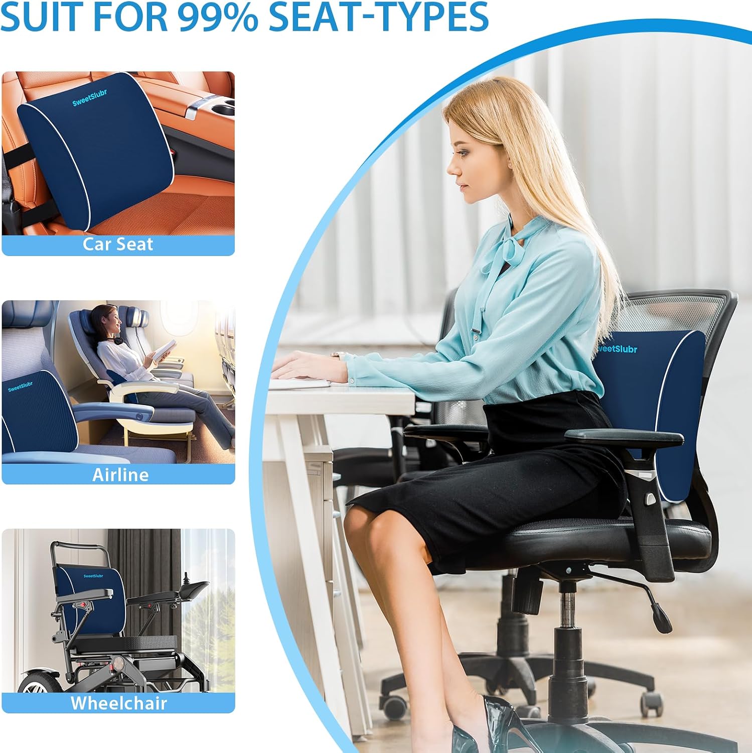 SweetSlubr Lumbar Support Pillow for Office Chair, Car Seats and Home Desks, Ergonomic Back Support with Double Adjustable Straps…