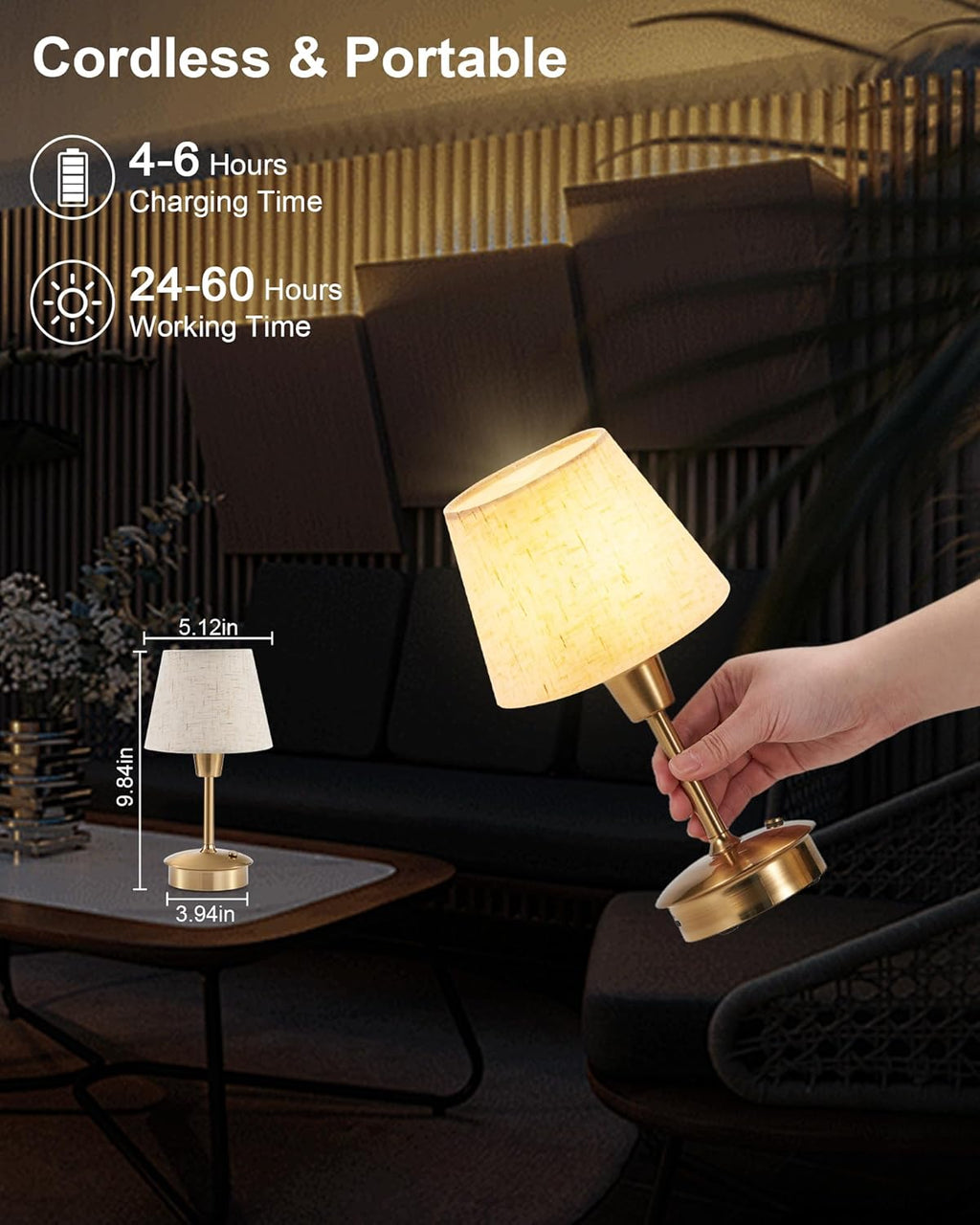 Small Cordless Table Lamp for Restaurant Dining Table, 5200mAh Rechargeable Battery Operated Lamps, Portable Dimmable Touch Light Warm…