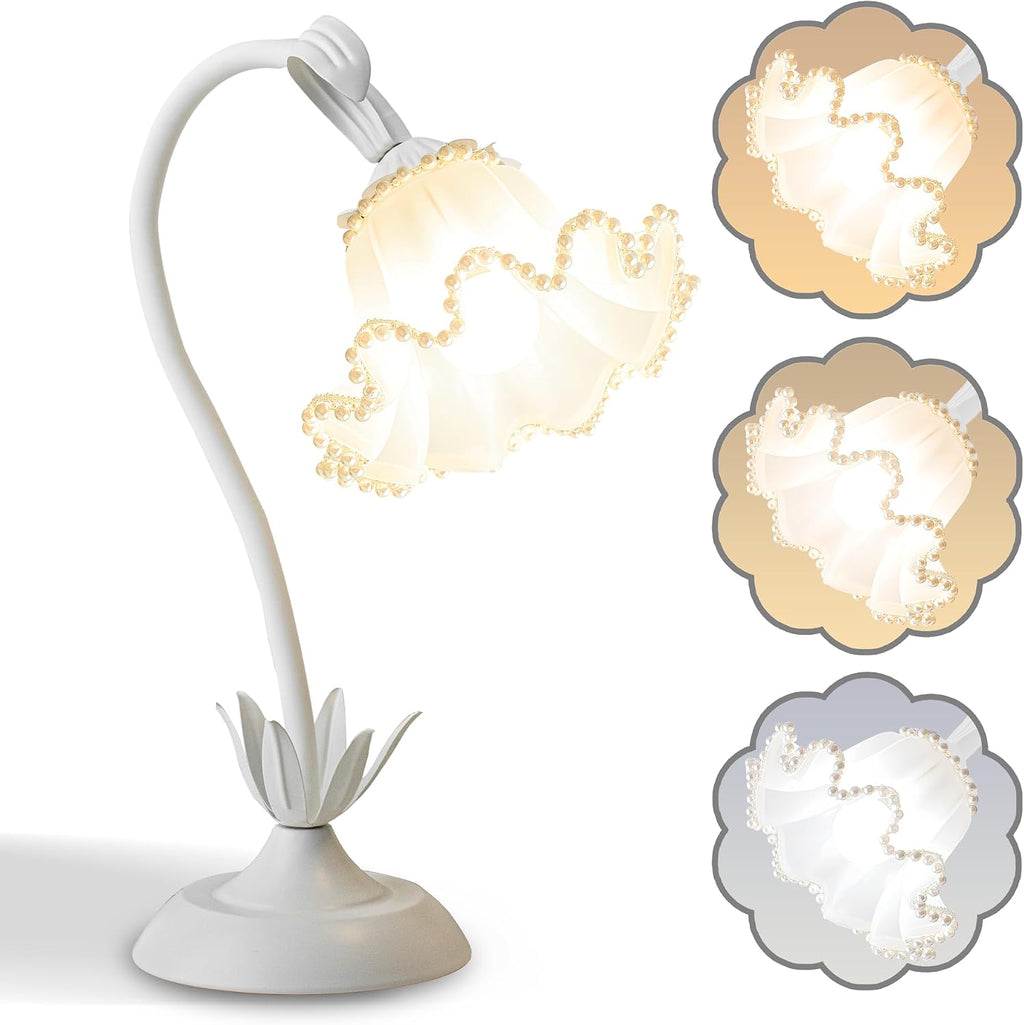 Flower Table Lamp Bedside Lamps LED Reading Light,3 Color Modes Cute Small Lamp, Vintage Flower Lamp Kawaii Table Lamp for Bedroom Living…