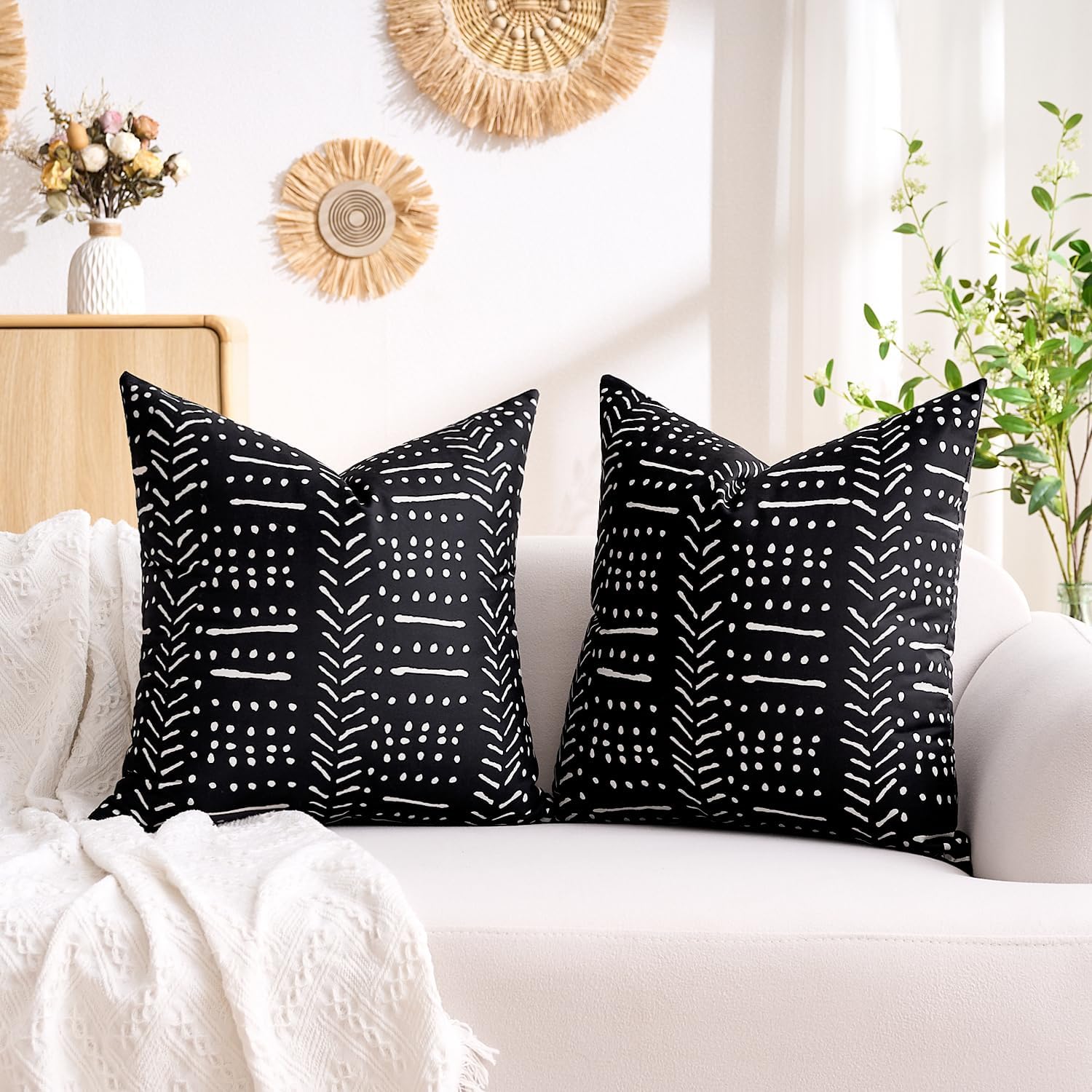BONSTRAP Black and White Decorative Throw Pillows Covers for Couch Boho Square Accent Pillows Cover 12 x 12 Inch for Living Room Bed…