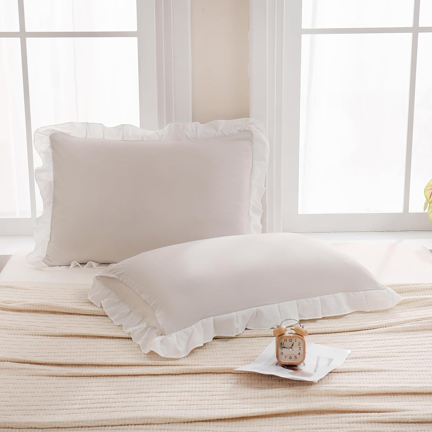Merryword Beige Pillow Shams Standard Pillowcases 20x26inch Beige and White Reversible Cute Pillow Cover Set of 2 Soft Shabby Chic Ruffled…