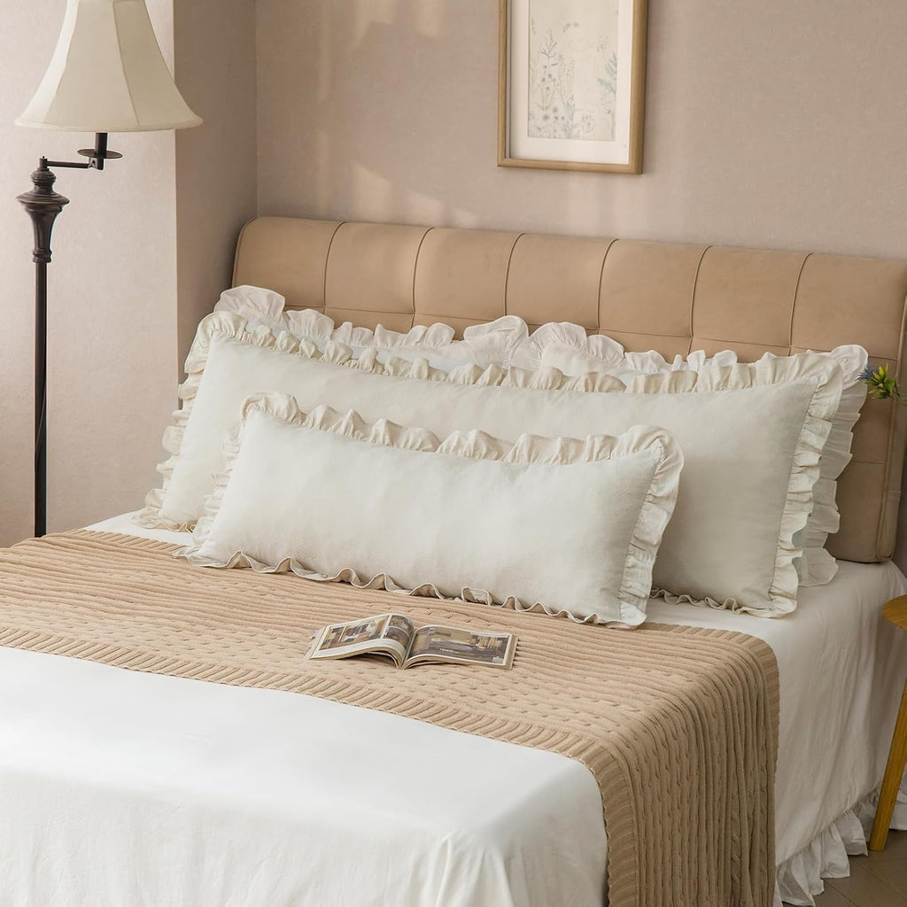 GLORY SEASON Pillow Shams Set of 2 Washed 100% Cotton Retro Ruffle Flounces Trim Solid Beige Decorative Pillow Cases for Home Bedroom…