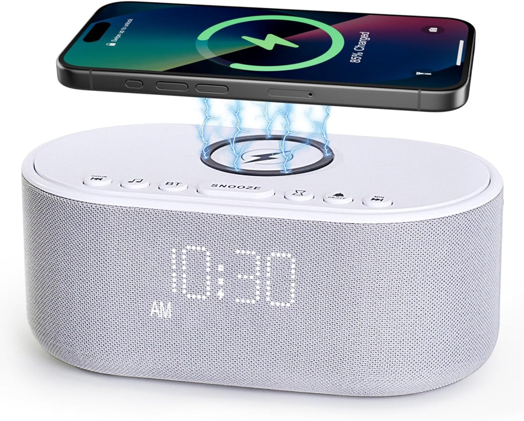 Odokee Sound Machine Alarm Clock Wireless Charger: Bluetooth 10W Stereo Sound Speaker Bedroom - White Noise Machine for Sleeping with 21 So…
