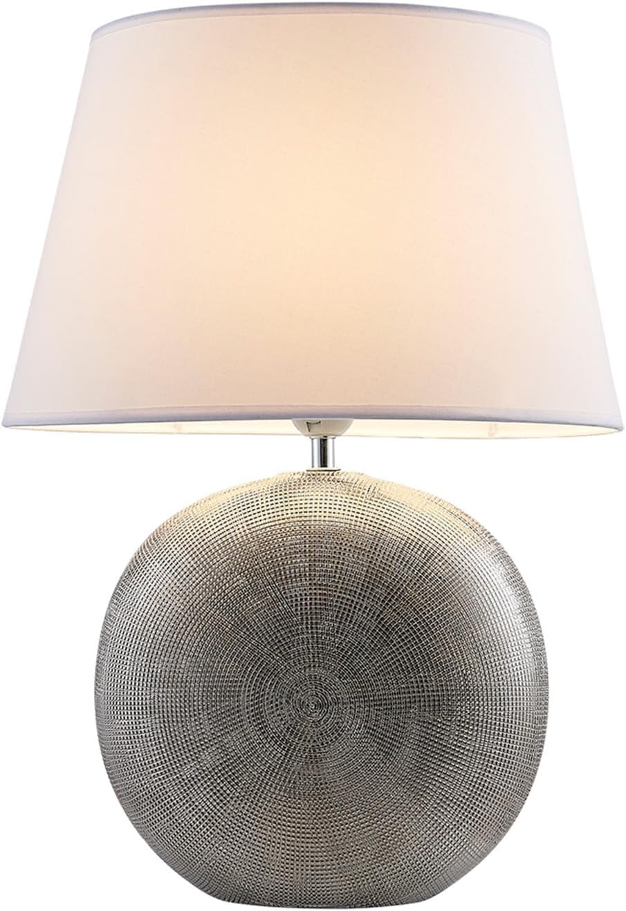 19" Modern Ceramic Table Lamp, Silver Jar-Style Base with White Fabric Shade, Elegant Bedside Lamp for Nightstand or Living Room, E26…