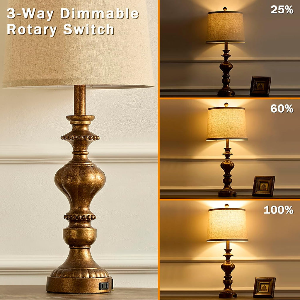 SAIWEYA 27.5" Farmhouse Table Lamps Set of 2 Bedside Nightstand Lamp with USB C+A Ports & AC Outlet, 3 Way Dimmable Lamps for Bedroom…
