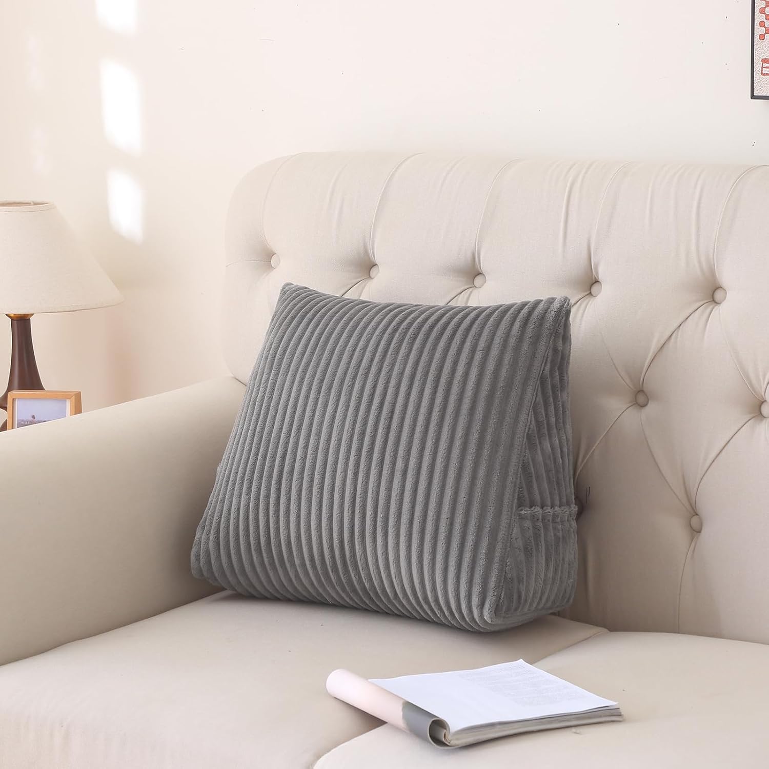 Corduroy Wedge Reading Pillow for Bed, 3 Sizes, 4 Colors for Bed, Sofa, Office Chair (Grey, Medium 19 * 16 * 7in)
