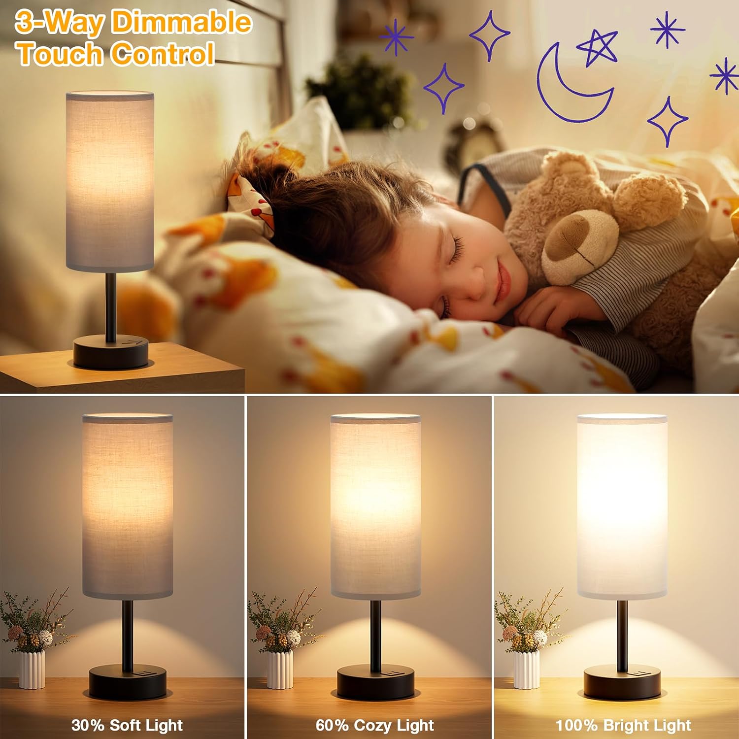 Dicoool Grey Touch Bedside Lamp with USB - 3 Way Dimmable Table Lamp for Bedroom, Nightstand Lamp with Black Charging Station for Desk…