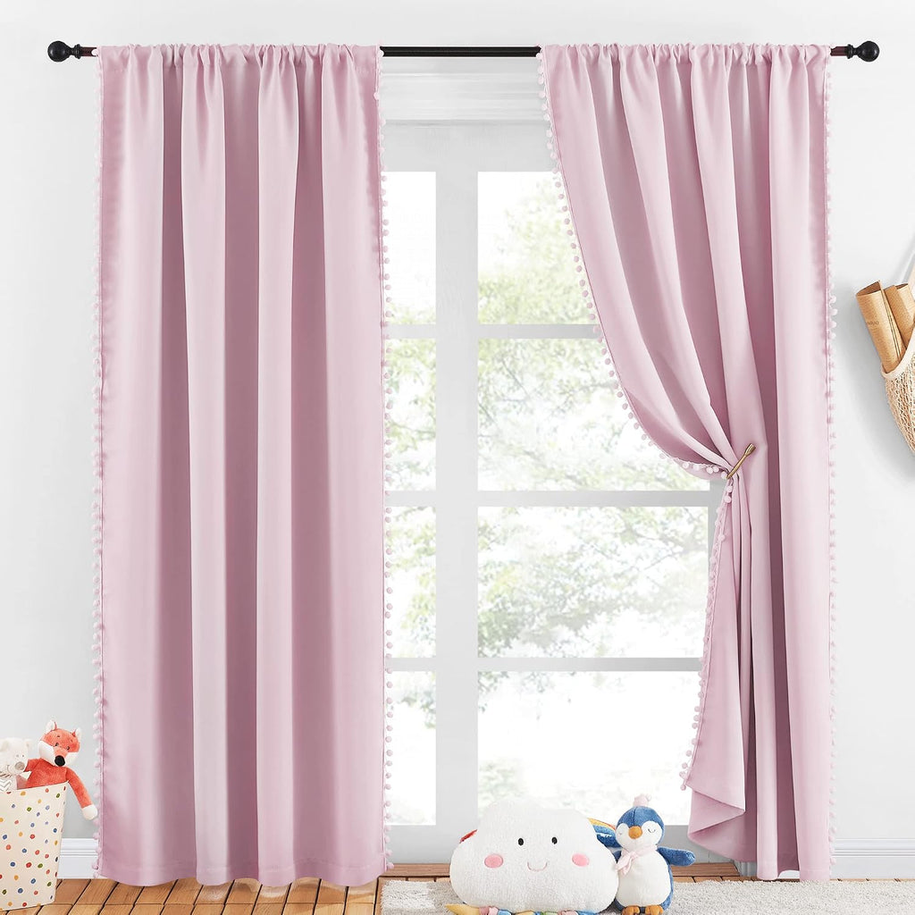 NICETOWN Pom Pom Blackout Curtains for Girls Bedroom Boho Pink Window Curtains for Nursery Rod Pocket Thermal Insulated Living Room…