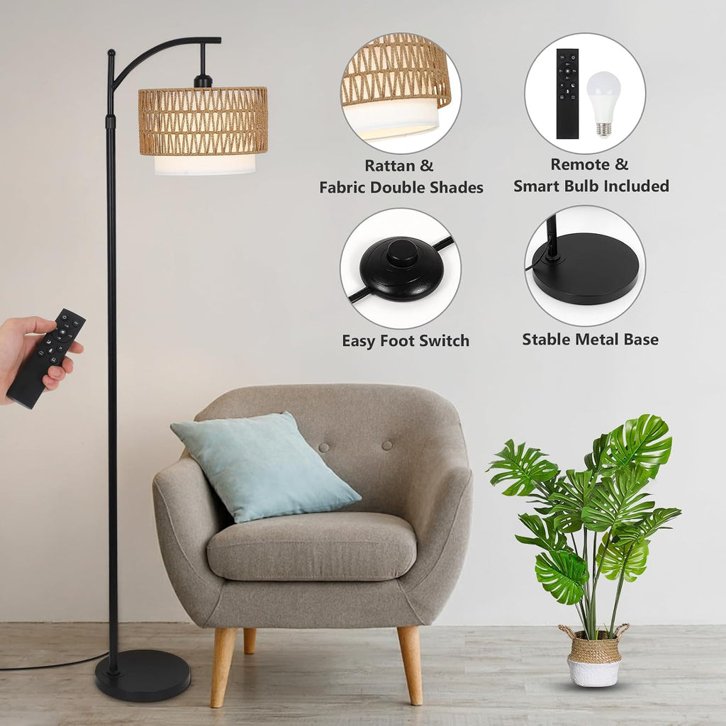 Arc Floor Lamp for Living Room with 3 Color Temperatures, Farmhouse Floor Lamps with Remote & Dimmable Bulb, Boho Standing Lamp with…