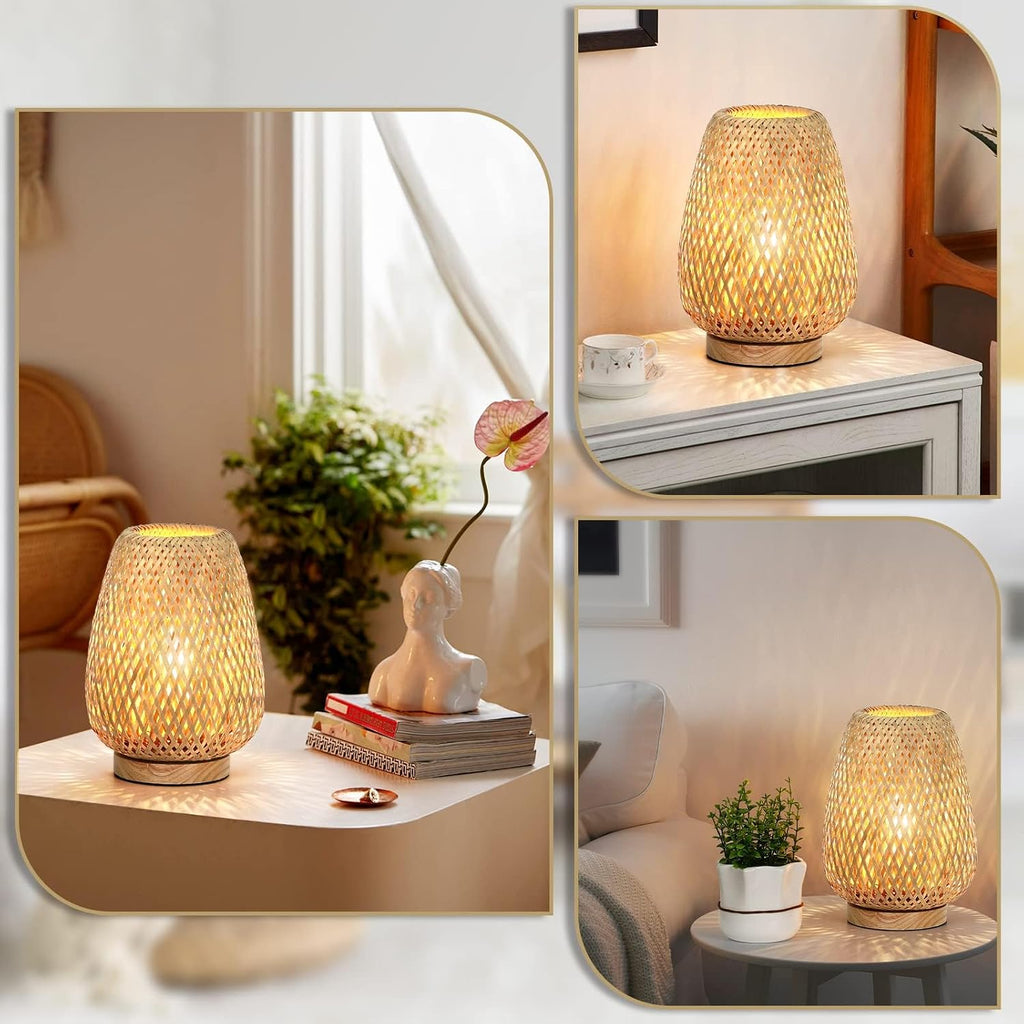 Brightever Rattan Table Lamp, Stepless Dimmable Small Beside Lamp, Vintage Wicker Wooden Nightstand Boho Bamboo Woven End Table Lamps for B…