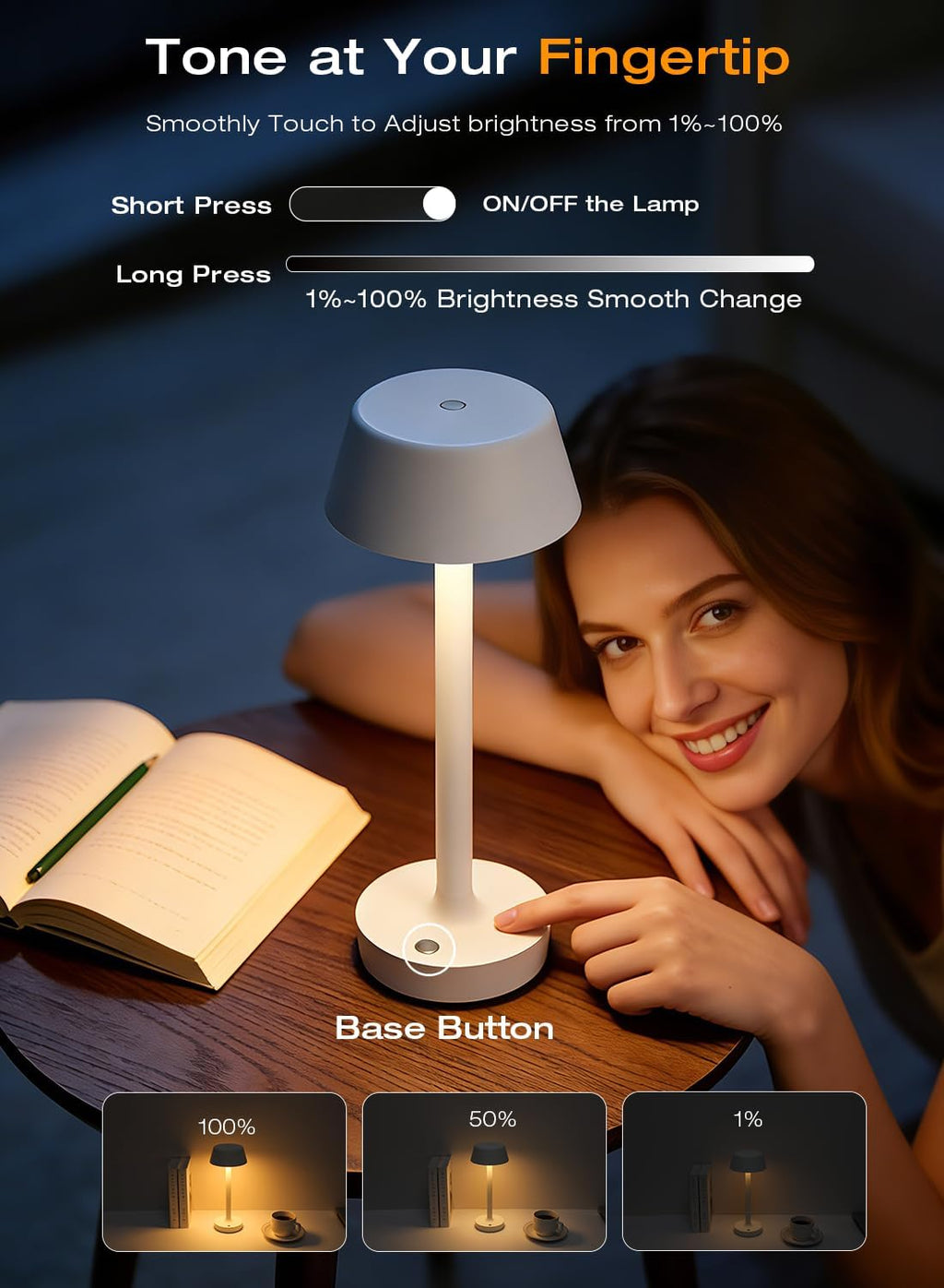 Cordless Rechargeable Table Lamp with Power Charger, Portable Touch LED Desk Lamp,5000mAh Battery Operated,2700K-5700K Tunable Dimmable…